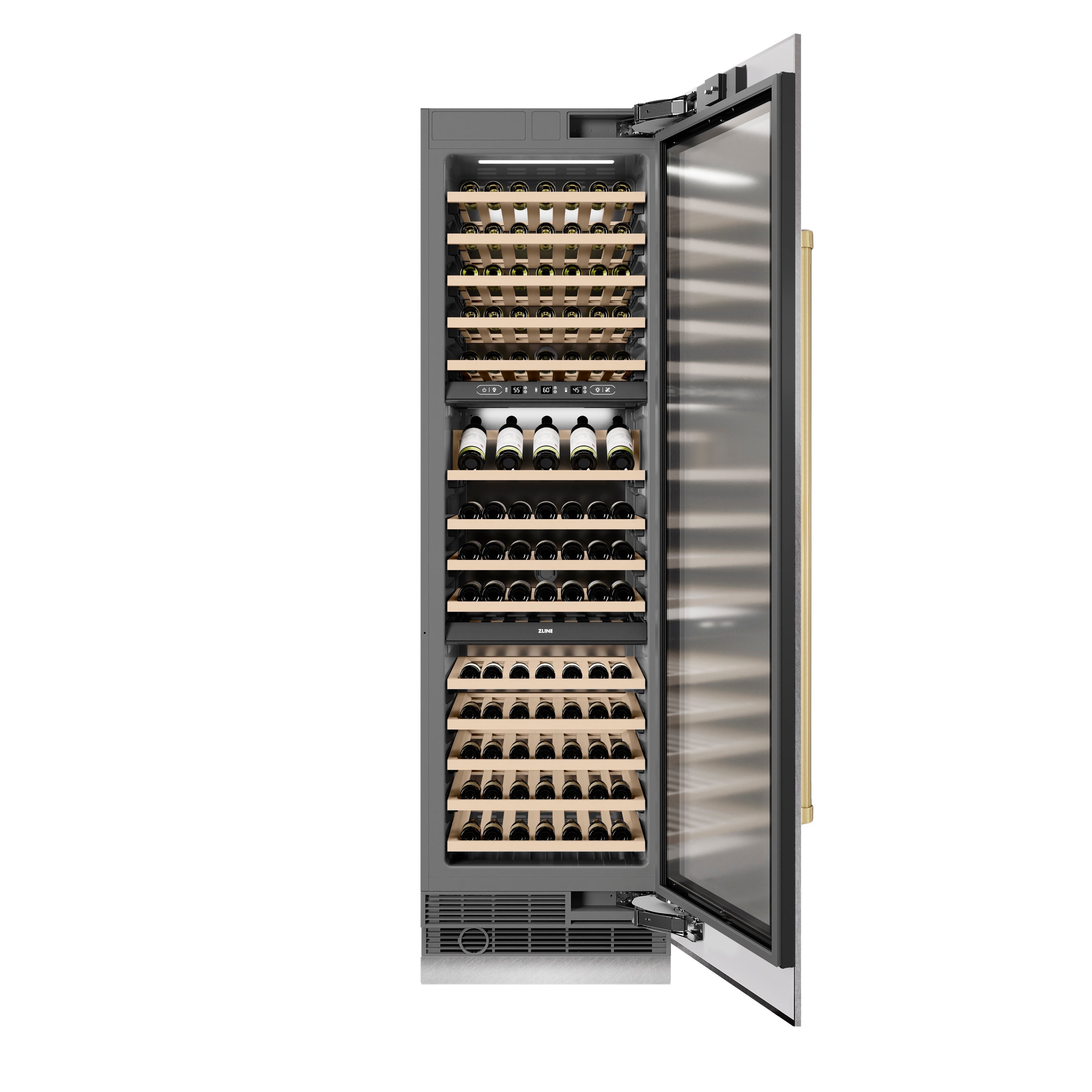 ZLINE Autograph 24" 12.4 cu. ft. Triple Zone 100 Bottle Column Wine Cooler in Satin Stainless Steel and Champagne Bronze Accents, RCWVZ-SN-24-CB