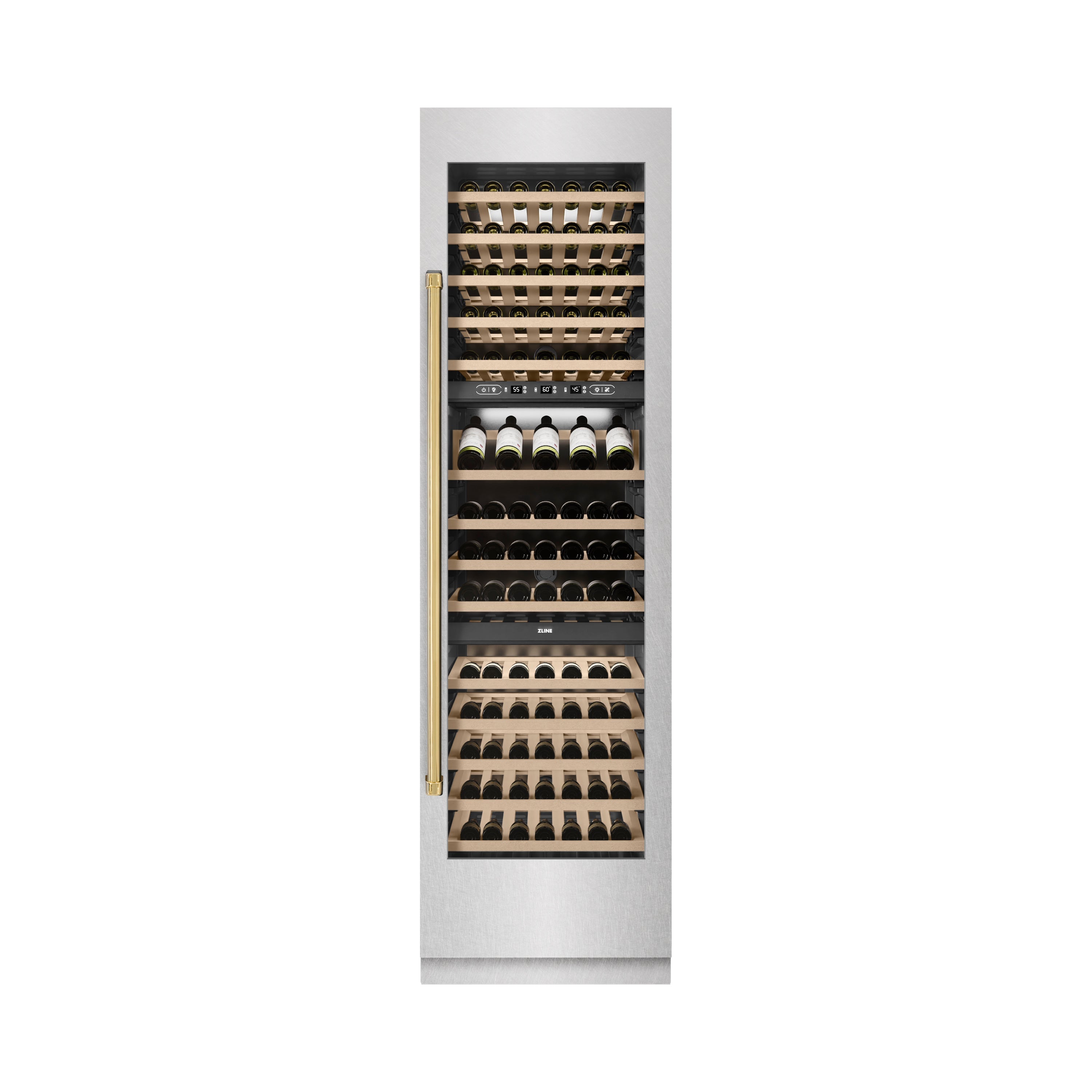 ZLINE Autograph 24" 12.4 cu. ft. Triple Zone 100 Bottle Column Wine Cooler in Satin Stainless Steel and Polished Gold Accents, RCWVZ-SN-24-G