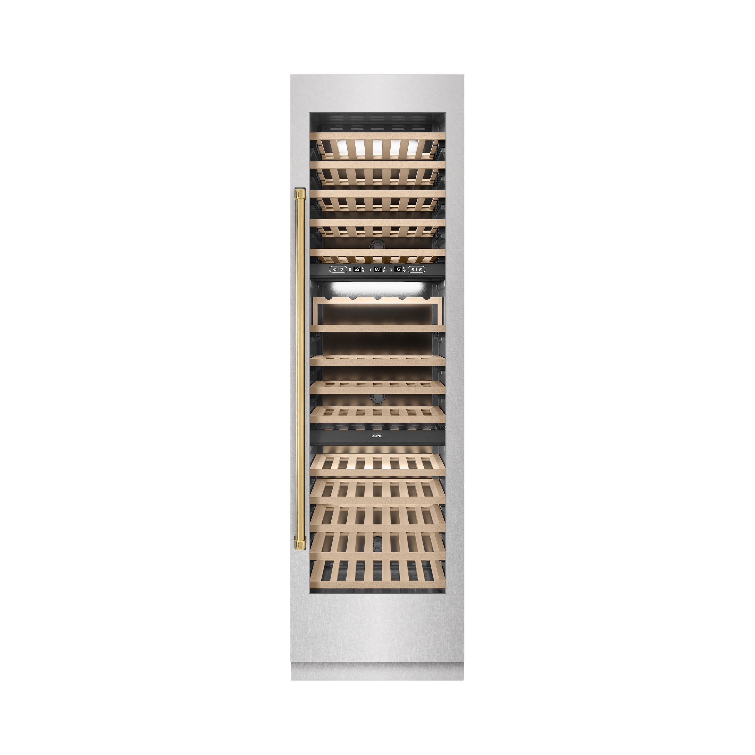 ZLINE Autograph 24" 12.4 cu. ft. Triple Zone 100 Bottle Column Wine Cooler in Satin Stainless Steel and Polished Gold Accents, RCWVZ-SN-24-G
