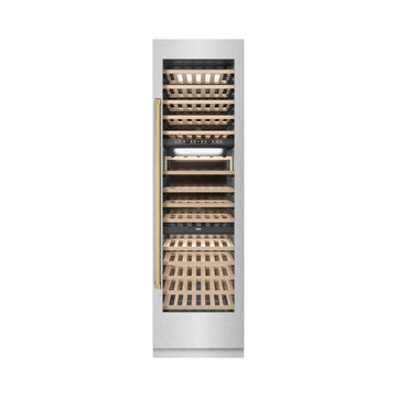 ZLINE Autograph 24" 12.4 cu. ft. Triple Zone 100 Bottle Column Wine Cooler in Satin Stainless Steel and Polished Gold Accents, RCWVZ-SN-24-G