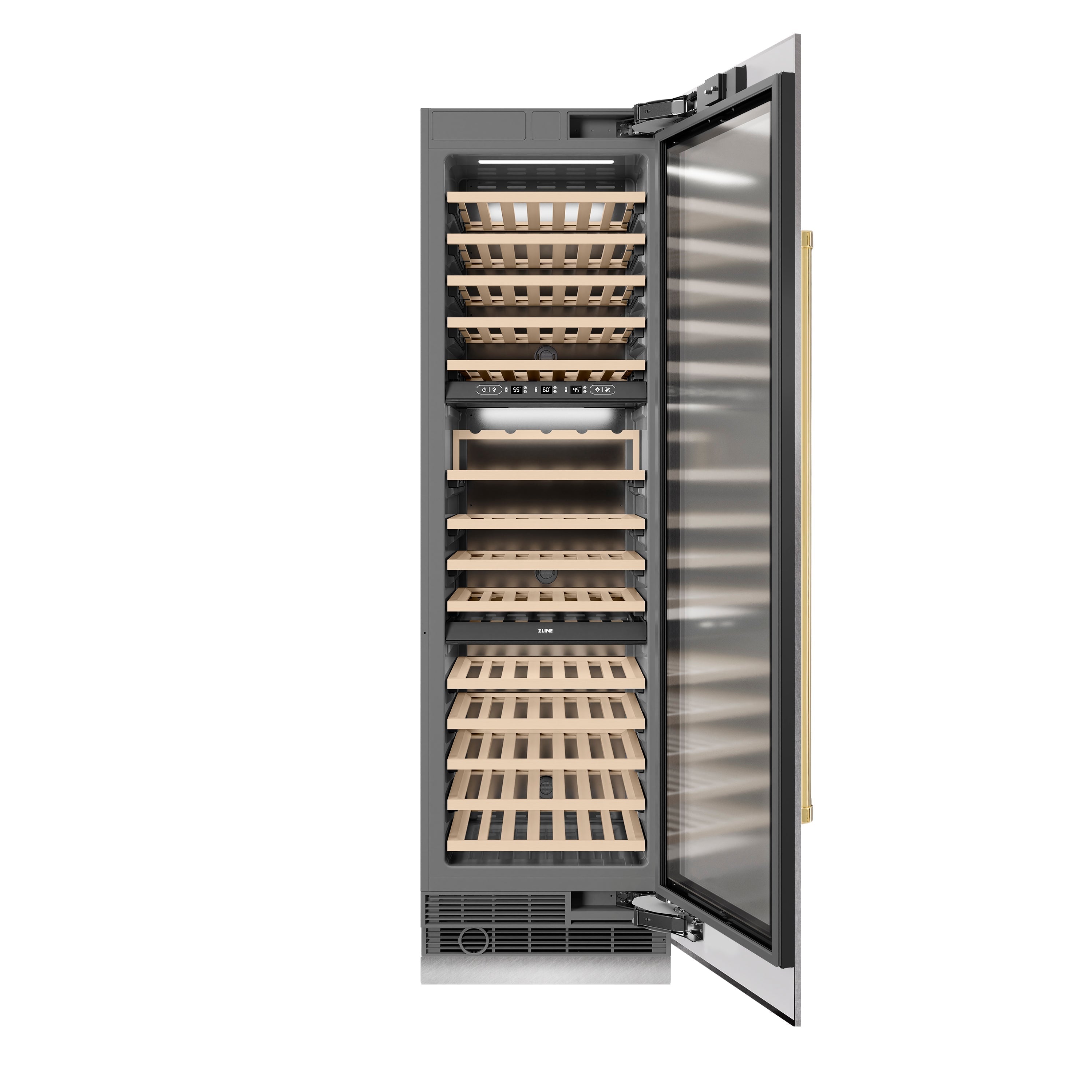 ZLINE Autograph 24" 12.4 cu. ft. Triple Zone 100 Bottle Column Wine Cooler in Satin Stainless Steel and Polished Gold Accents, RCWVZ-SN-24-G