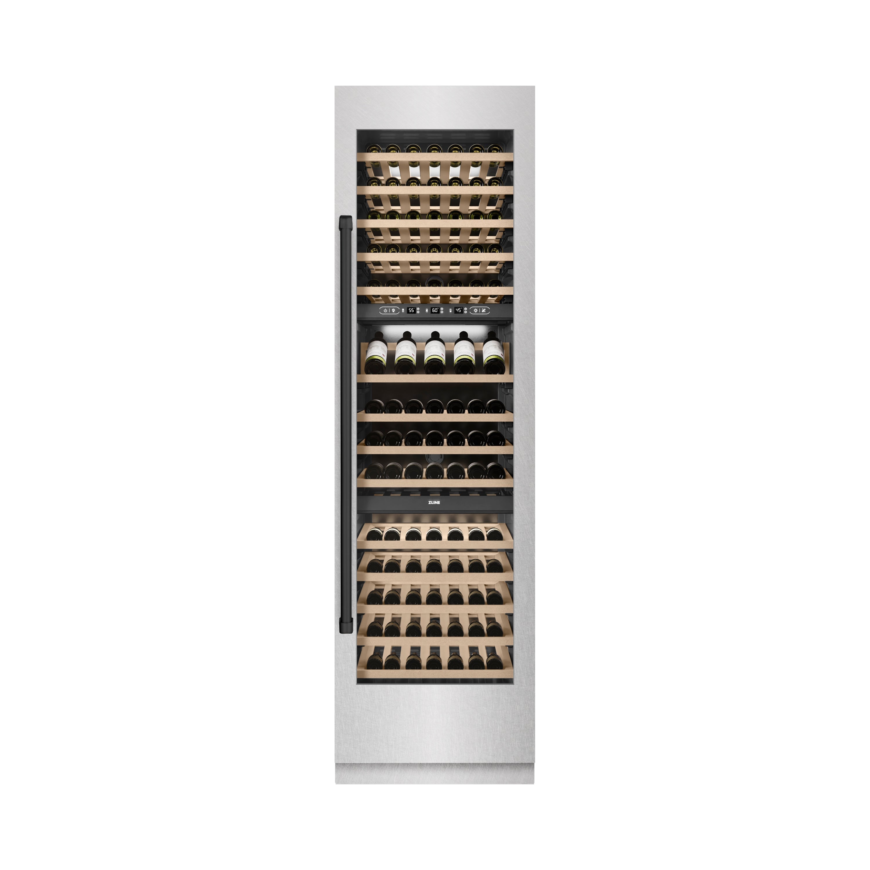 ZLINE Autograph 24" 12.4 cu. ft. Triple Zone 100 Bottle Column Wine Cooler in Satin Stainless Steel and Matte Black Accents, RCWVZ-SN-24-MB
