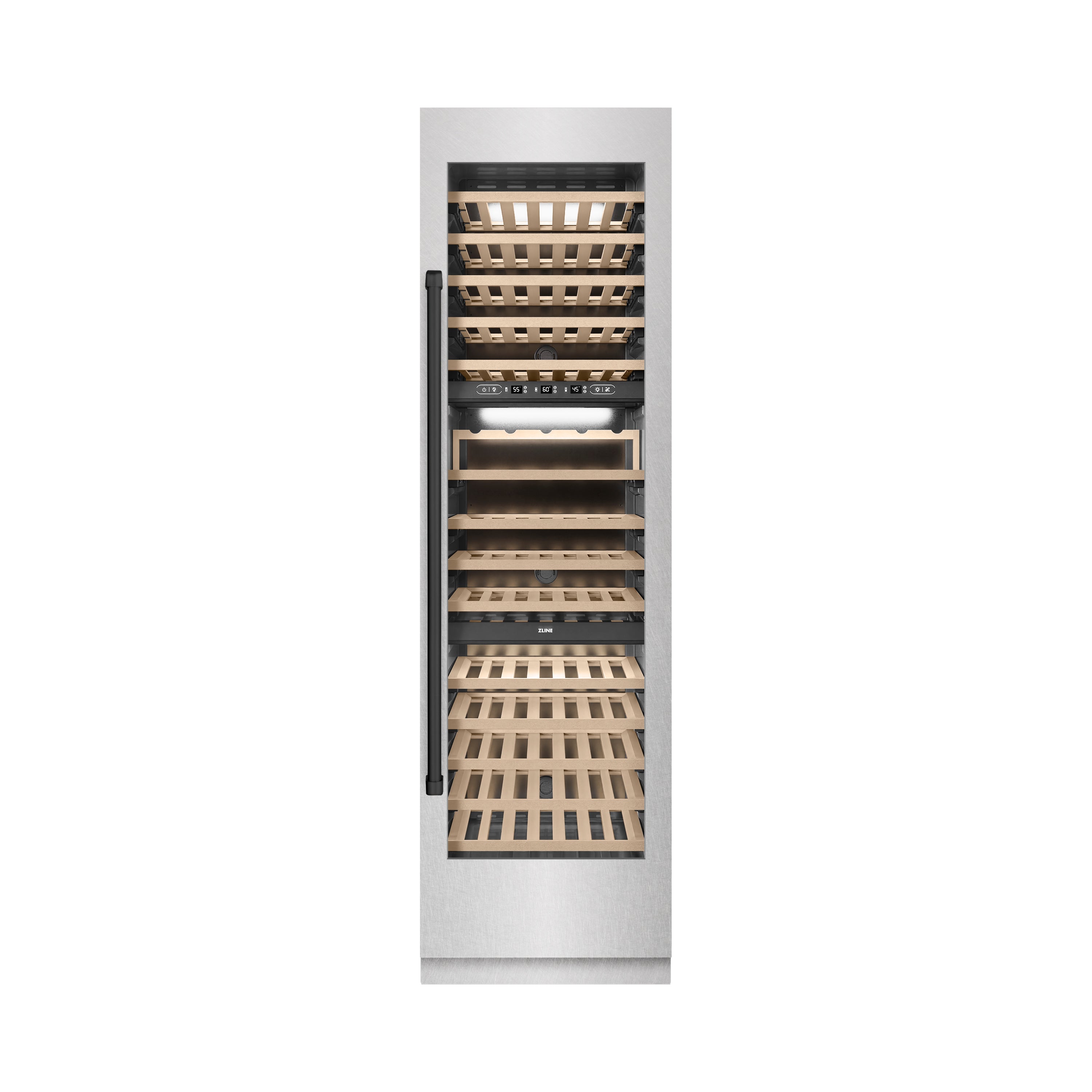 ZLINE Autograph 24" 12.4 cu. ft. Triple Zone 100 Bottle Column Wine Cooler in Satin Stainless Steel and Matte Black Accents, RCWVZ-SN-24-MB