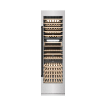 ZLINE Autograph 24" 12.4 cu. ft. Triple Zone 100 Bottle Column Wine Cooler in Satin Stainless Steel and Matte Black Accents, RCWVZ-SN-24-MB