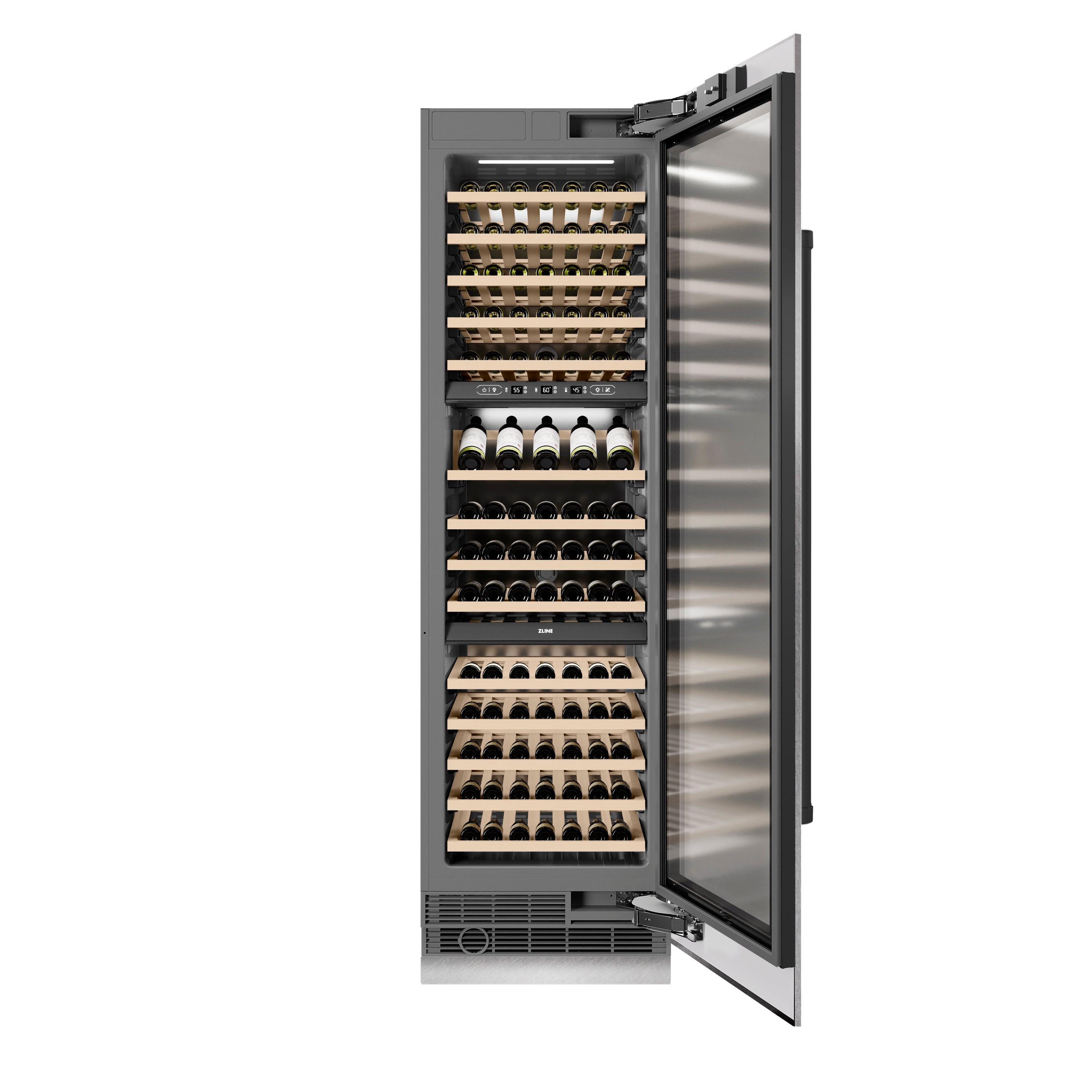 ZLINE Autograph 24" 12.4 cu. ft. Triple Zone 100 Bottle Column Wine Cooler in Satin Stainless Steel and Matte Black Accents, RCWVZ-SN-24-MB