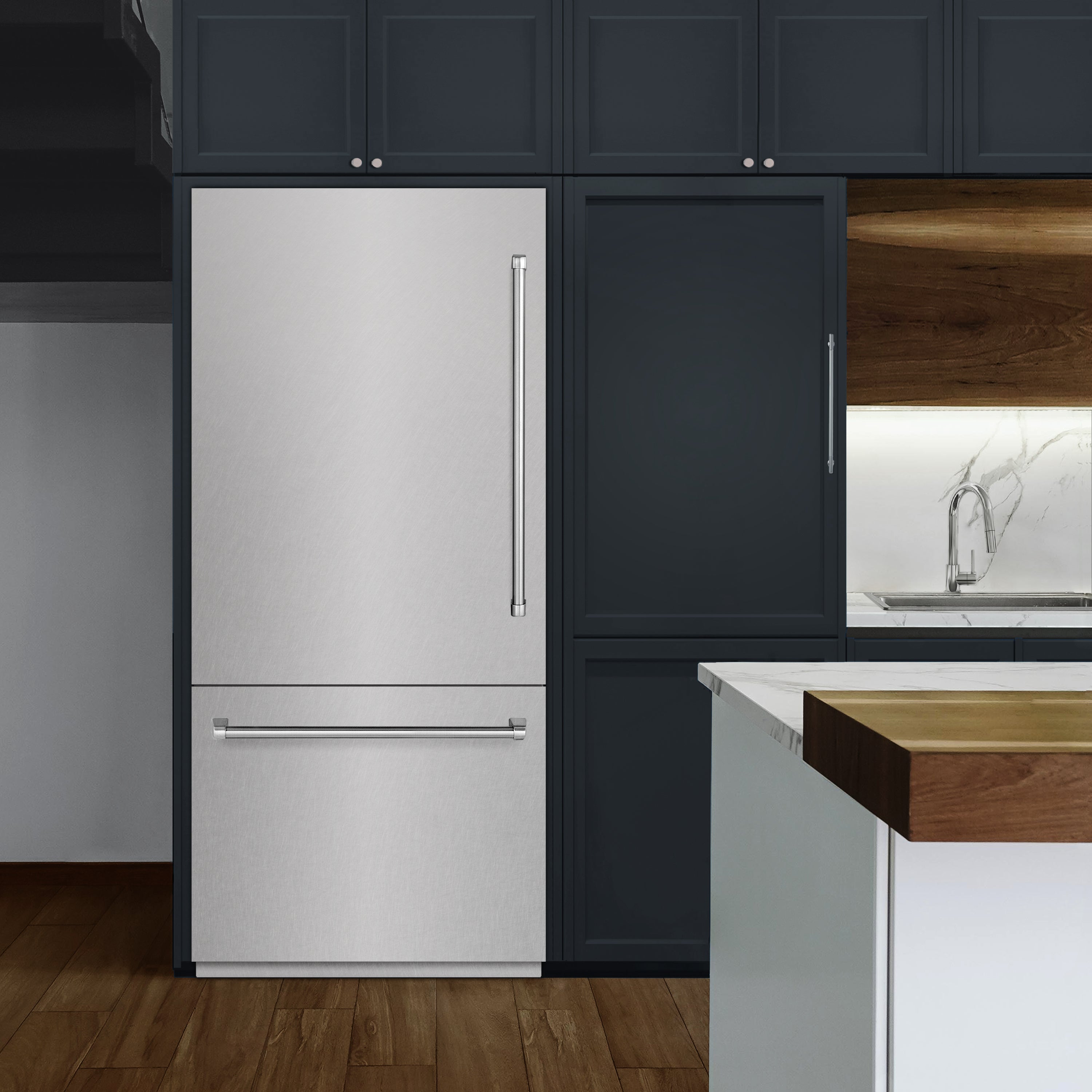 ZLINE 36 in. Built-In Bottom Freezer Refrigerator 19.8 cu. ft. Water Dispenser Ice Maker Satin Stainless Steel Graphite Gray Interior (GRBIT-SN-36)