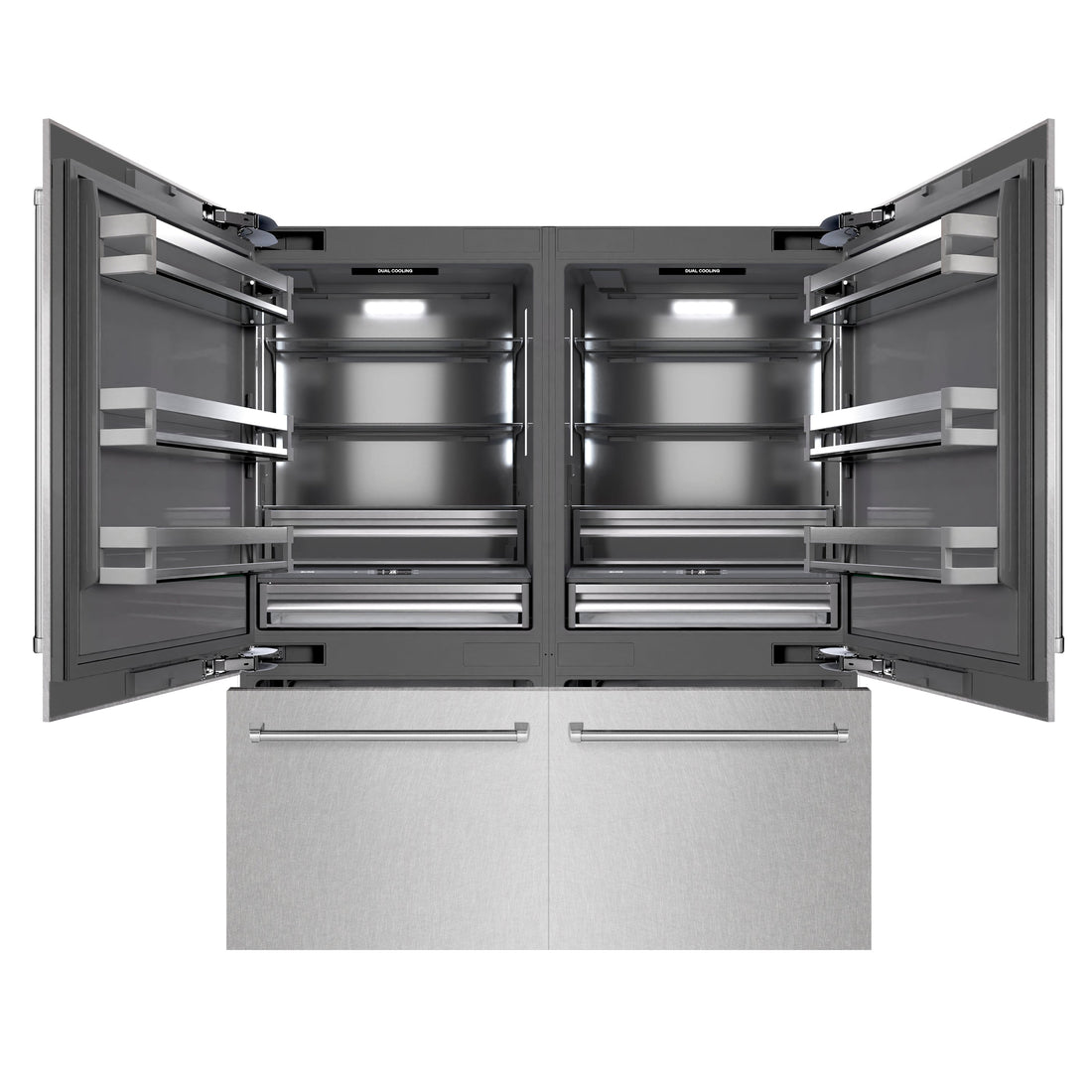 ZLINE 72 in. French Door Built-In Bottom Freezer Refrigerator 39.6 cu. ft. Water Dispensers Ice Makers Satin Stainless Steel Graphite Gray Interior (GRBIT-SN-72)