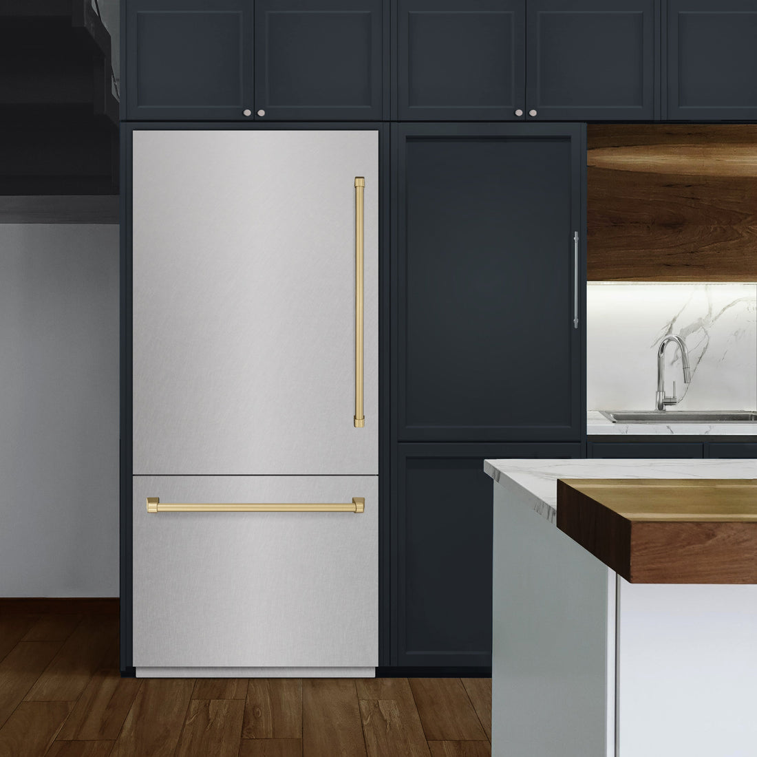 ZLINE 36" Built-In Bottom Freezer Refrigerator 19.8 Cu. Ft. Water Dispenser Ice Maker Satin Stainless Steel Champagne Bronze Accents (GRBITZ-SN-36-CB)