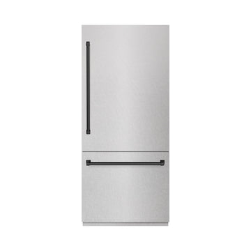 ZLINE 36 in Built-In Bottom Freezer Refrigerator 19.8 Cu Ft Water Dispenser Ice Maker Satin Stainless Steel Graphite Gray Interior Matte Black Accents (GRBITZ-SN-36-MB)