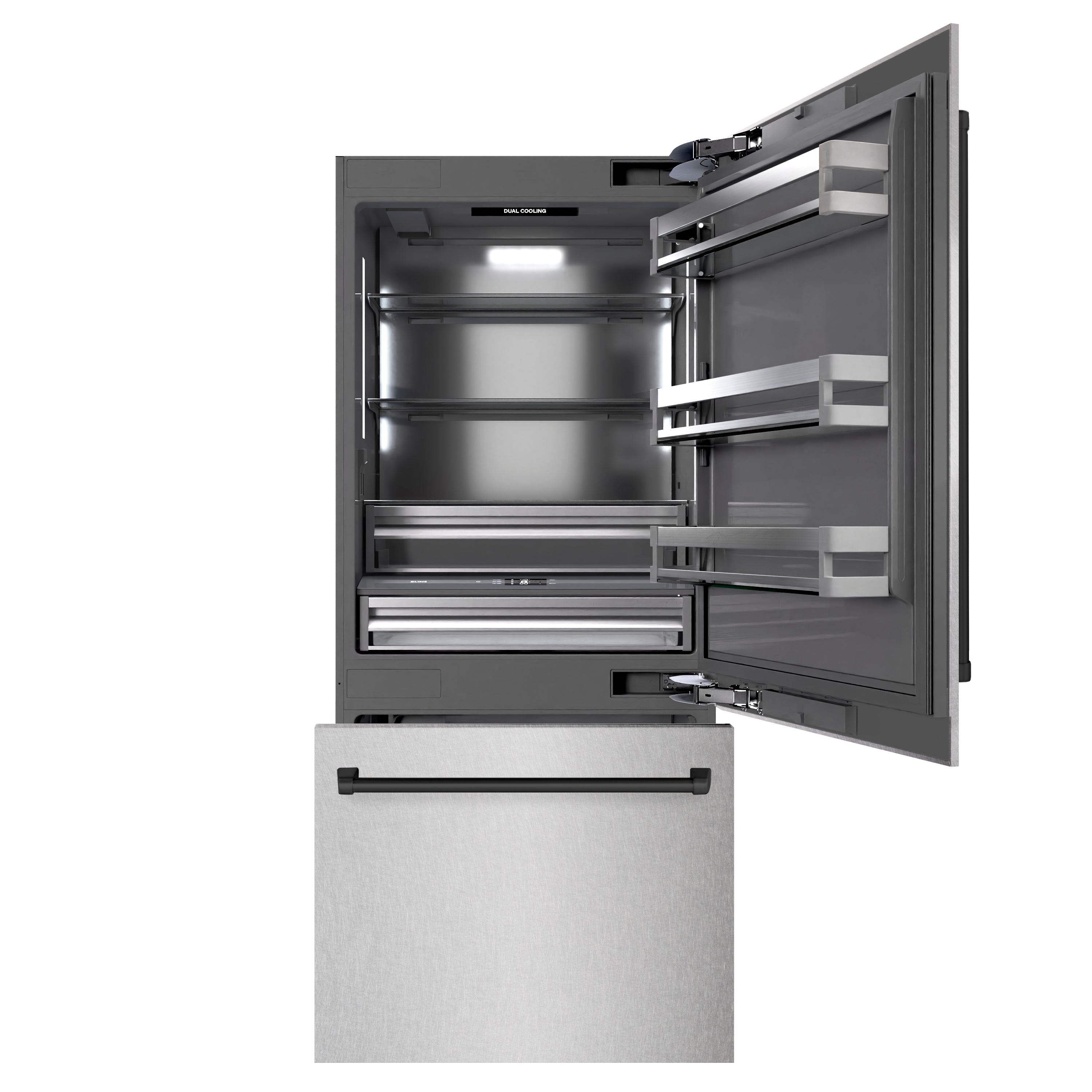 ZLINE 36 in Built-In Bottom Freezer Refrigerator 19.8 Cu Ft Water Dispenser Ice Maker Satin Stainless Steel Graphite Gray Interior Matte Black Accents (GRBITZ-SN-36-MB)