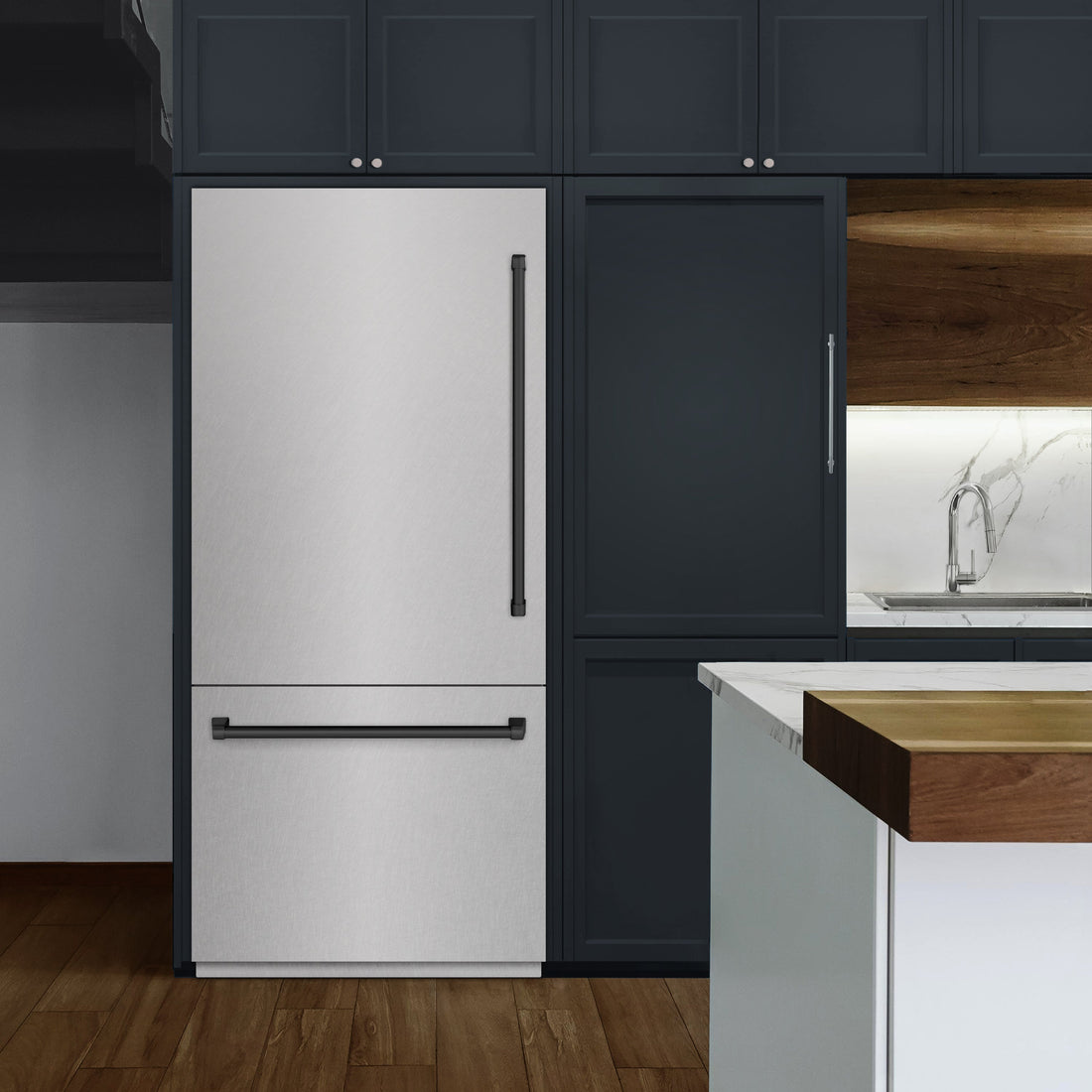 ZLINE 36 in Built-In Bottom Freezer Refrigerator 19.8 Cu Ft Water Dispenser Ice Maker Satin Stainless Steel Graphite Gray Interior Matte Black Accents (GRBITZ-SN-36-MB)