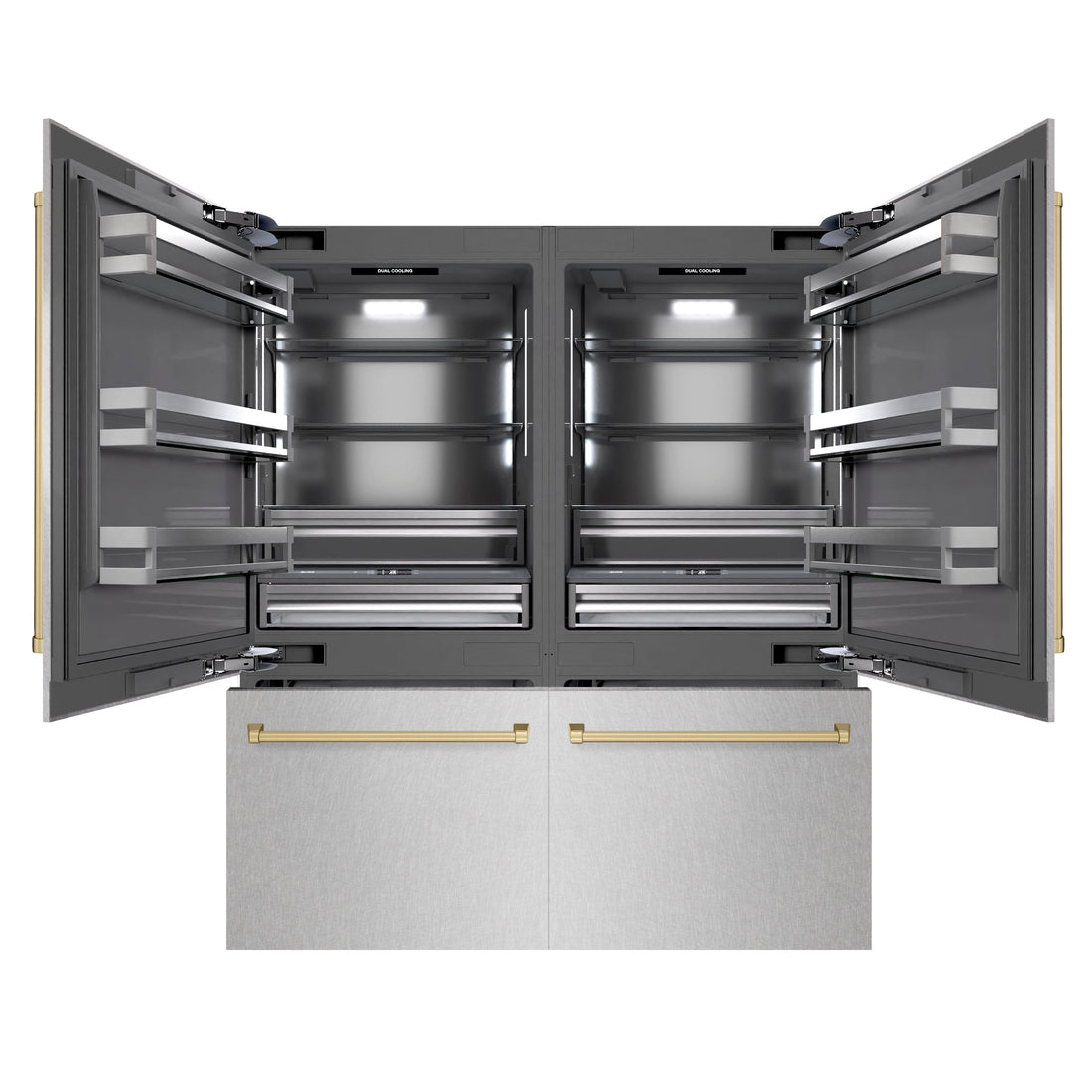 ZLINE 72 in. French Door Built-In Bottom Freezer Refrigerator 39.6 Cu. Ft. Water Dispensers Ice Makers Satin Stainless Steel Champagne Bronze Accents (GRBITZ-SN-72-CB)