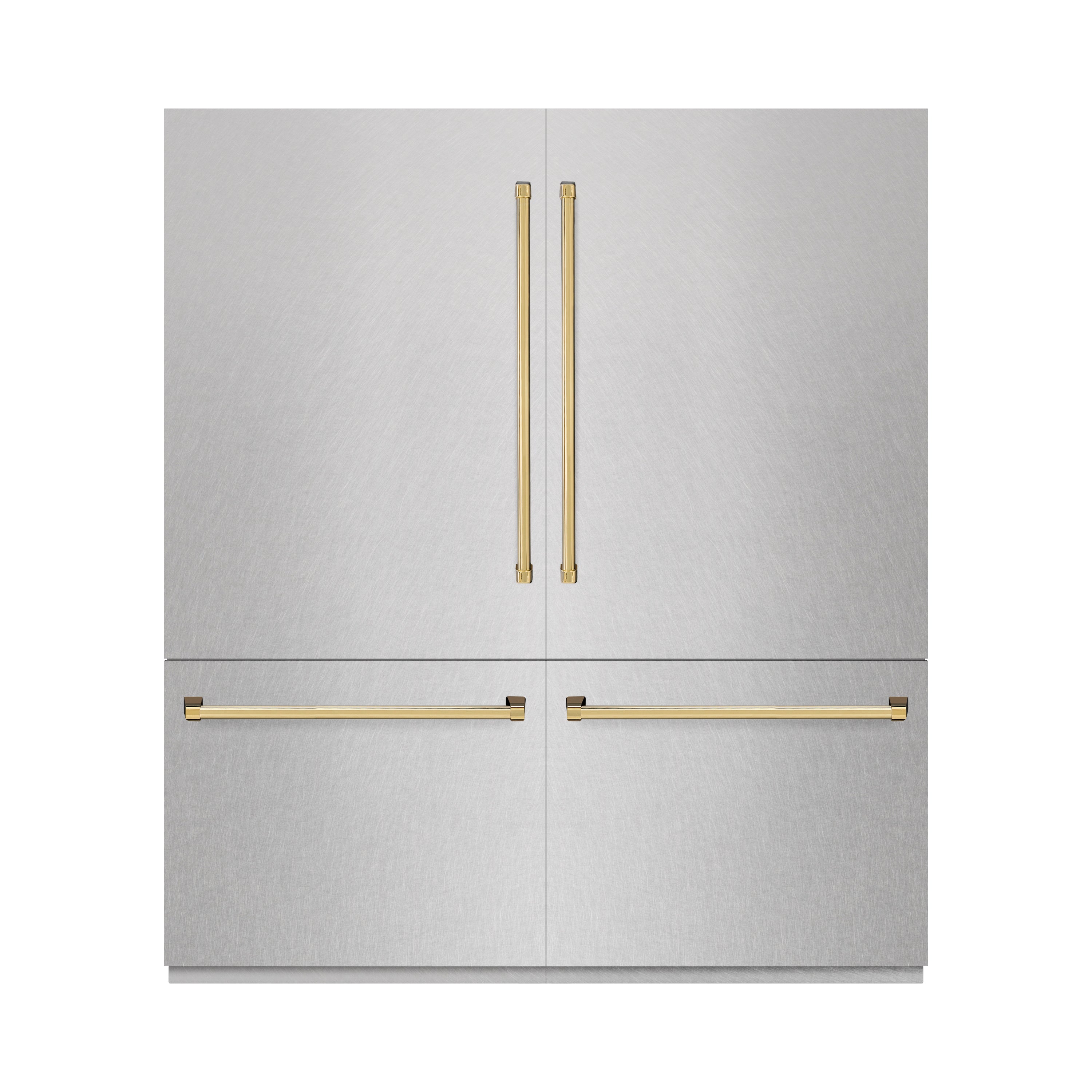 ZLINE 72 in. French Door Built-In Bottom Freezer Refrigerator 39.6 Cu. Ft. Satin Stainless Steel Graphite Gray Interior Water Dispensers Ice Makers Polished Gold Accents (GRBITZ-SN-72-G)