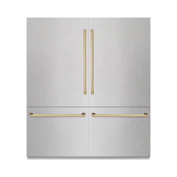 ZLINE 72 in. French Door Built-In Bottom Freezer Refrigerator 39.6 Cu. Ft. Satin Stainless Steel Graphite Gray Interior Water Dispensers Ice Makers Polished Gold Accents (GRBITZ-SN-72-G)