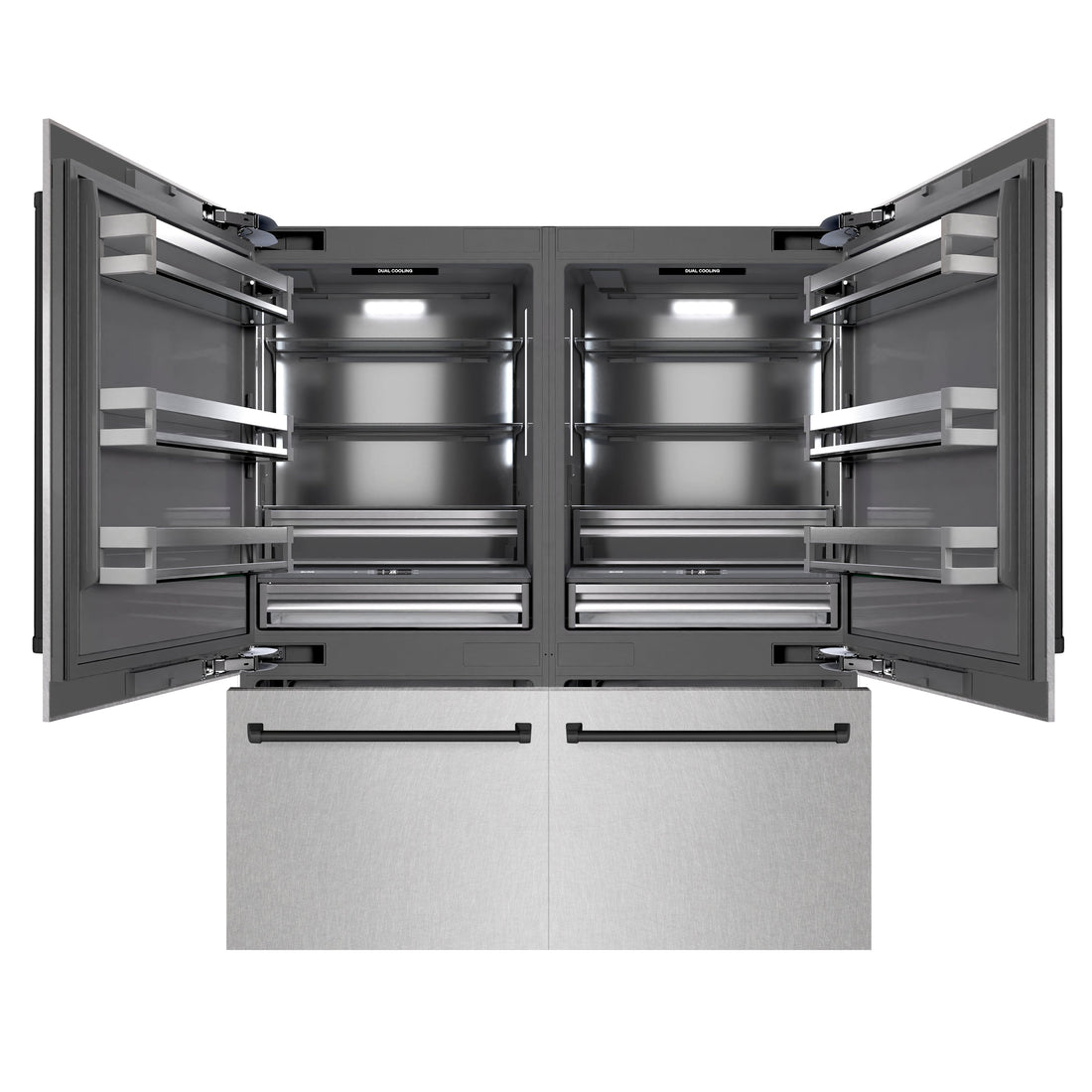 ZLINE 72 in. French Door Built-In Bottom Freezer Refrigerator 39.6 Cu. Ft. Water Dispensers, Ice Makers, Satin Stainless Steel, Graphite Gray Interior, Matte Black Accents (GRBITZ-SN-72-MB)