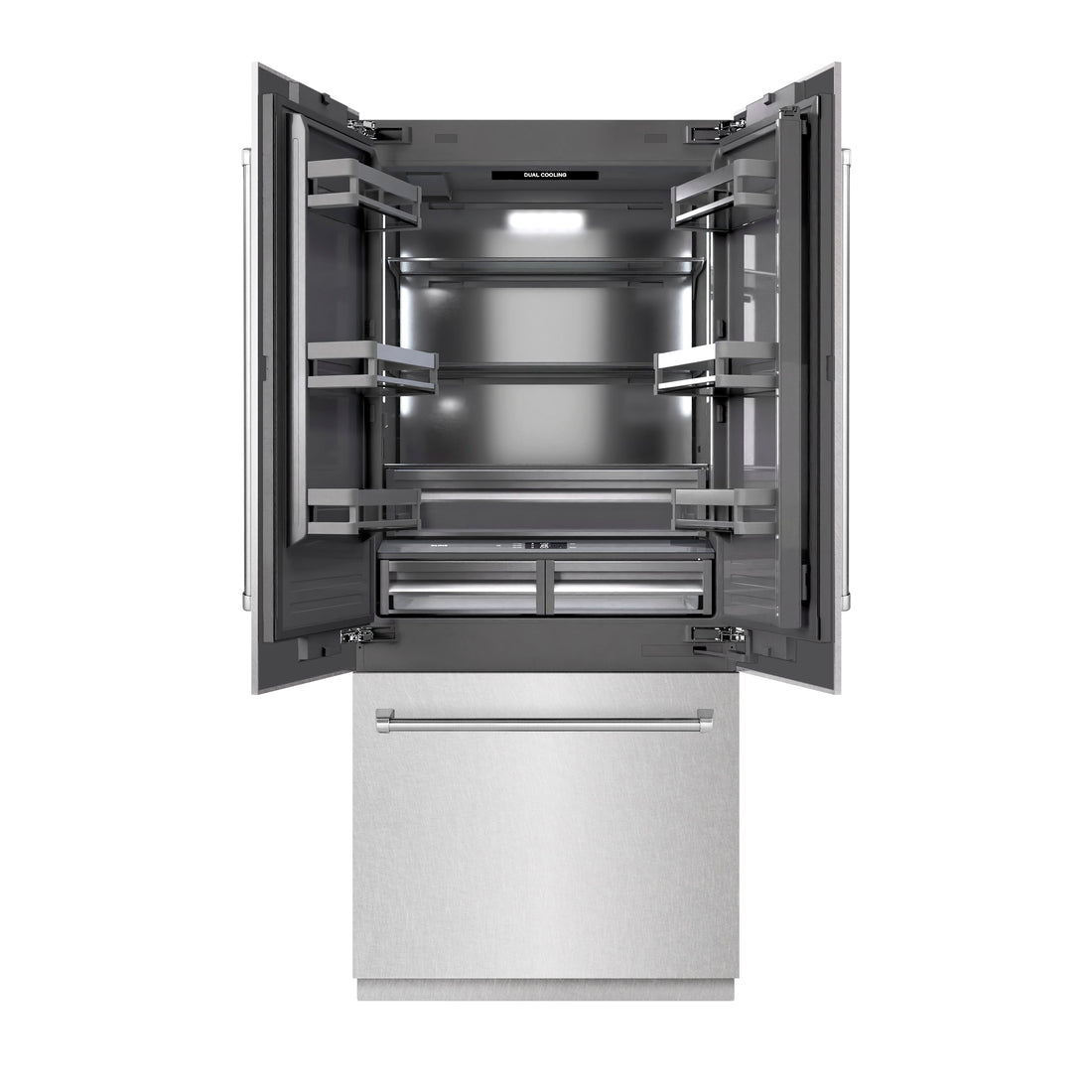 ZLINE 36 in. French Door Built-In Bottom Freezer Refrigerator 19.6 cu. ft. with Water Dispenser, Ice Maker, Satin Stainless Steel, Graphite Gray Interior (GRBIV-SN-36)