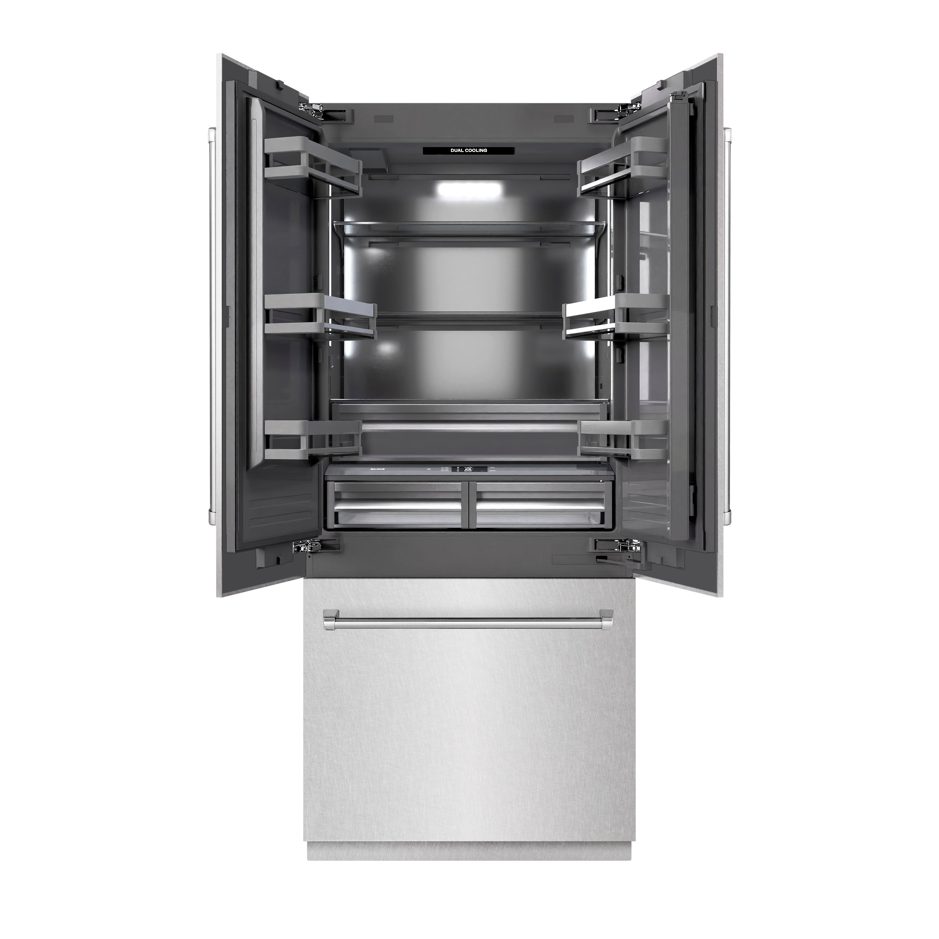 ZLINE 36 in. French Door Built-In Bottom Freezer Refrigerator 19.6 cu. ft. with Water Dispenser, Ice Maker, Satin Stainless Steel, Graphite Gray Interior (GRBIV-SN-36)