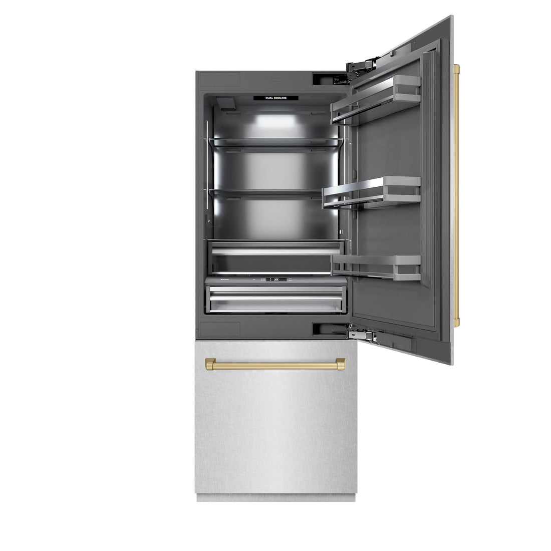 ZLINE 30 in. Built-In Bottom Freezer Refrigerator 16.1 Cu. Ft. Water Dispenser Ice Maker Satin Stainless Steel Champagne Bronze Accents (GRBIVZ-SN-30-CB)