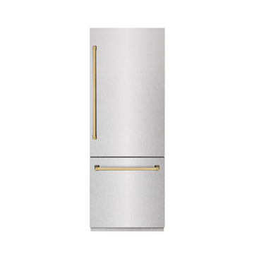 ZLINE 30 in. Built-In Bottom Freezer Refrigerator 16.1 Cu. Ft. Water Dispenser Ice Maker Satin Stainless Steel Graphite Gray Interior Polished Gold Accents (GRBIVZ-SN-30-G)