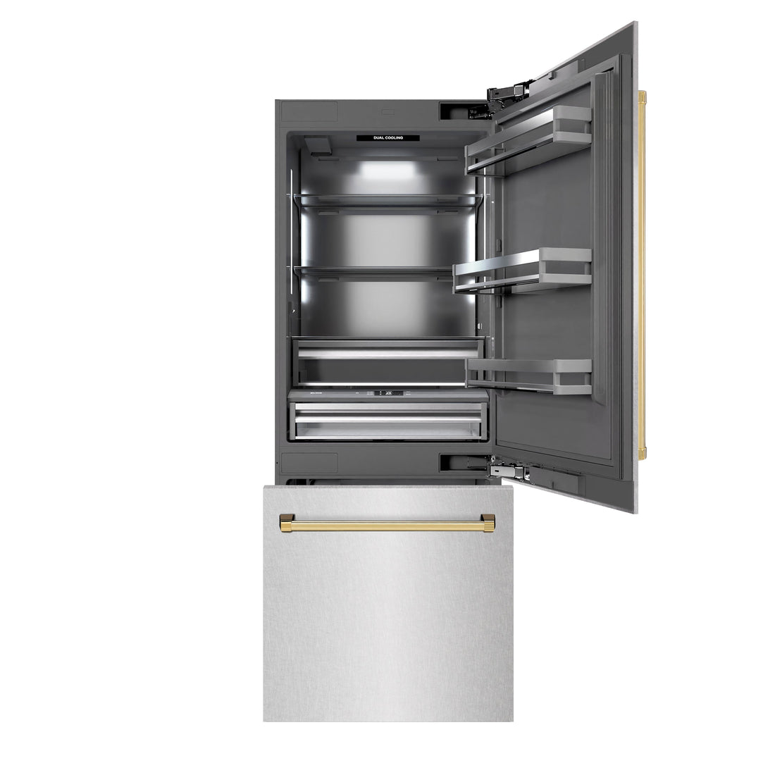 ZLINE 30 in. Built-In Bottom Freezer Refrigerator 16.1 Cu. Ft. Water Dispenser Ice Maker Satin Stainless Steel Graphite Gray Interior Polished Gold Accents (GRBIVZ-SN-30-G)