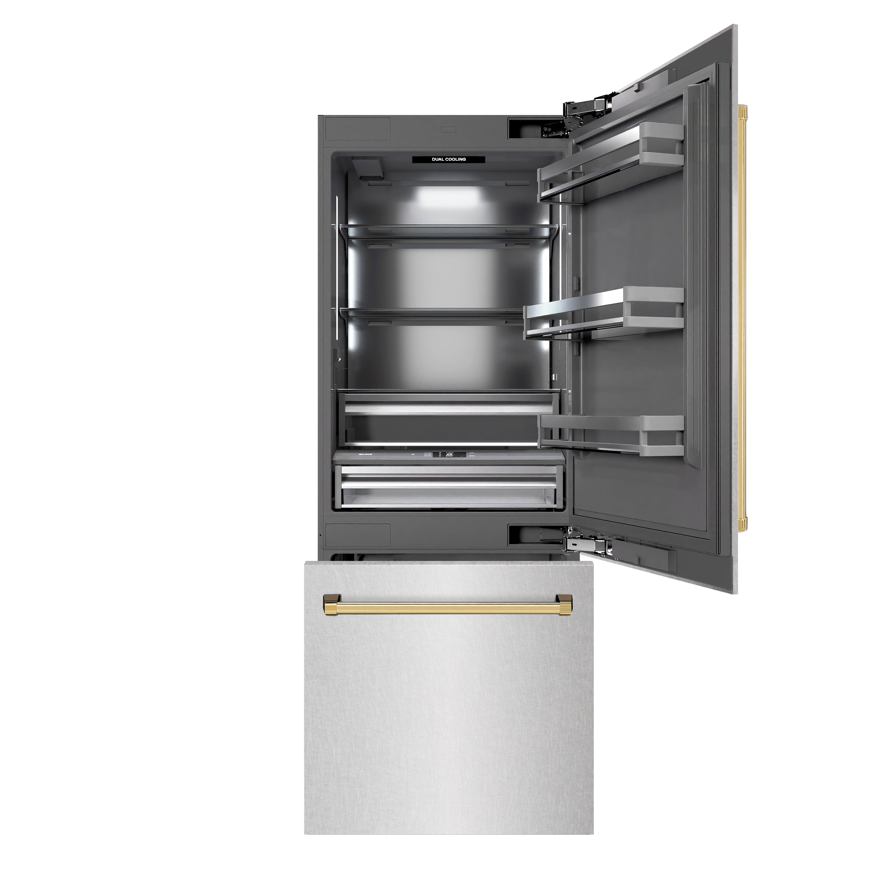 ZLINE 30 in. Built-In Bottom Freezer Refrigerator 16.1 Cu. Ft. Water Dispenser Ice Maker Satin Stainless Steel Graphite Gray Interior Polished Gold Accents (GRBIVZ-SN-30-G)