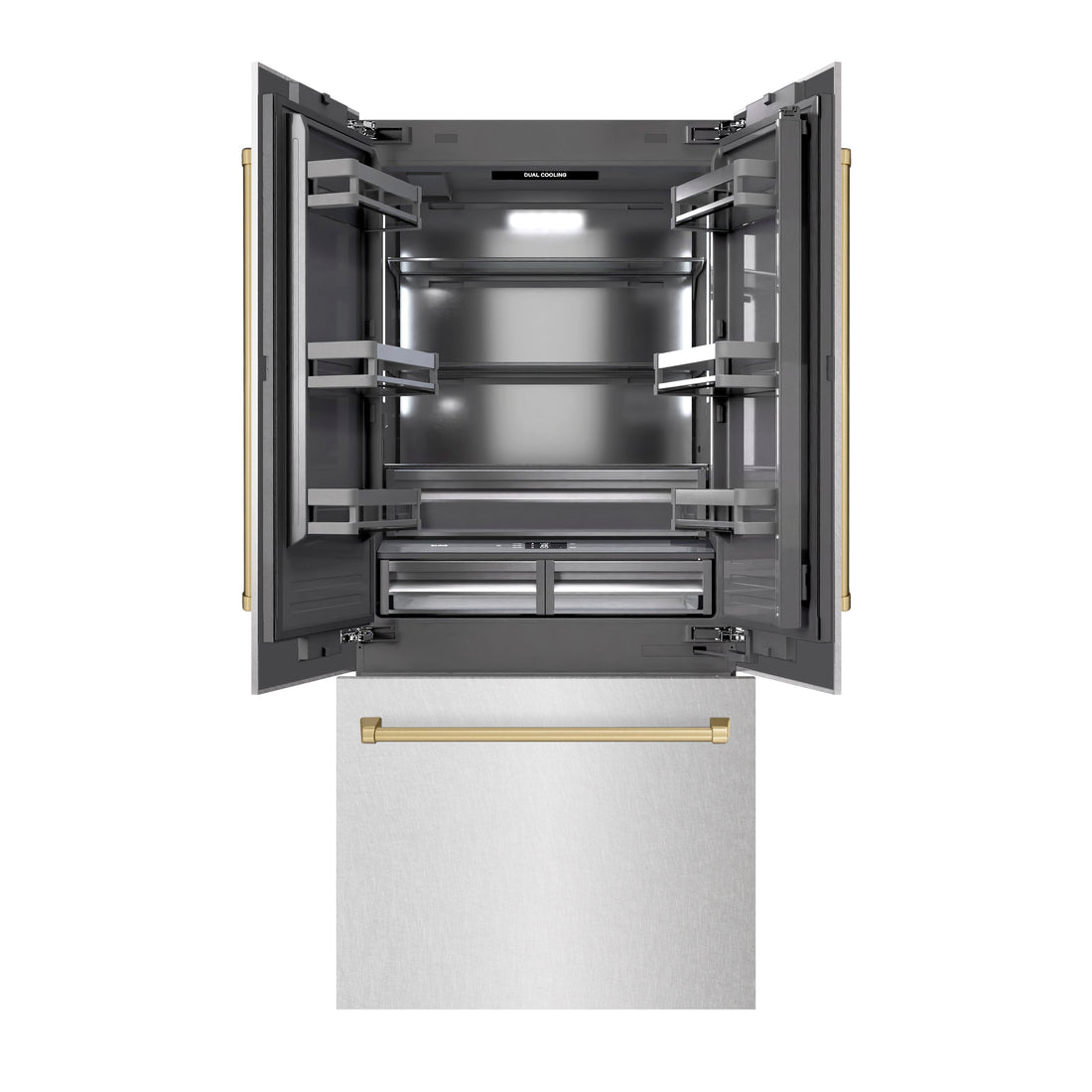ZLINE 36 in. French Door Built-In Bottom Freezer Refrigerator 19.6 Cu. Ft. Water Dispenser Ice Maker Satin Stainless Steel Graphite Gray Interior Champagne Bronze Accents (GRBIVZ-SN-36-CB)