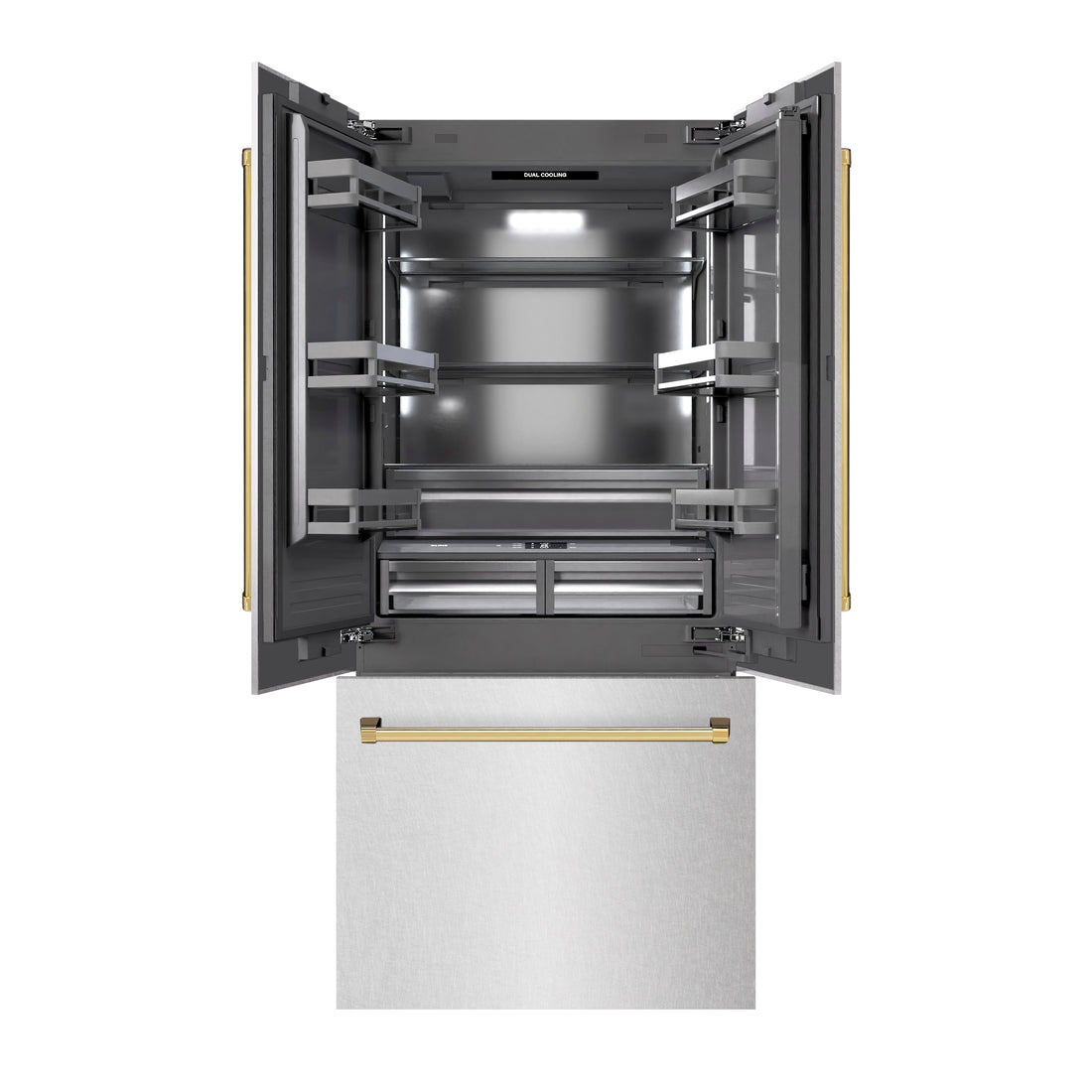 ZLINE 36 in. French Door Built-In Bottom Freezer Refrigerator 19.6 cu. ft. Satin Stainless Steel Water Dispenser Ice Maker Polished Gold Accents (GRBIVZ-SN-36-G)