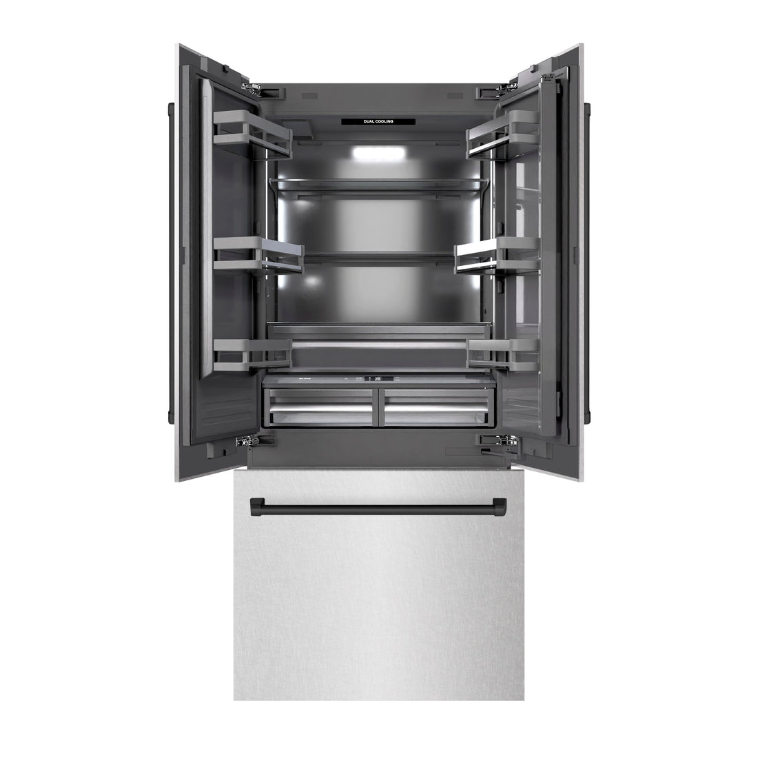 ZLINE 36 in. French Door Built-In Bottom Freezer Refrigerator 19.6 Cu. Ft. Water Dispenser Ice Maker Matte Black Accents Satin Stainless Steel (GRBIVZ-SN-36-MB)