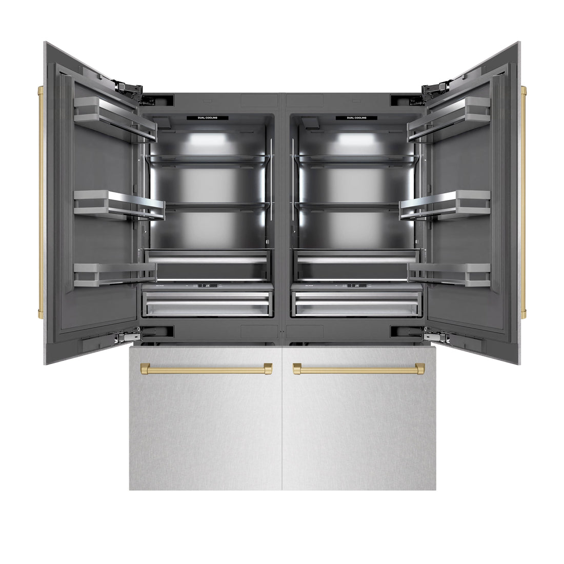 ZLINE 60 in. French Door Built-In Bottom Freezer Refrigerator 32.2 Cu. Ft. Water Dispenser Ice Maker Satin Stainless Steel Graphite Gray Interior Champagne Bronze Accents (GRBIVZ-SN-60-CB)