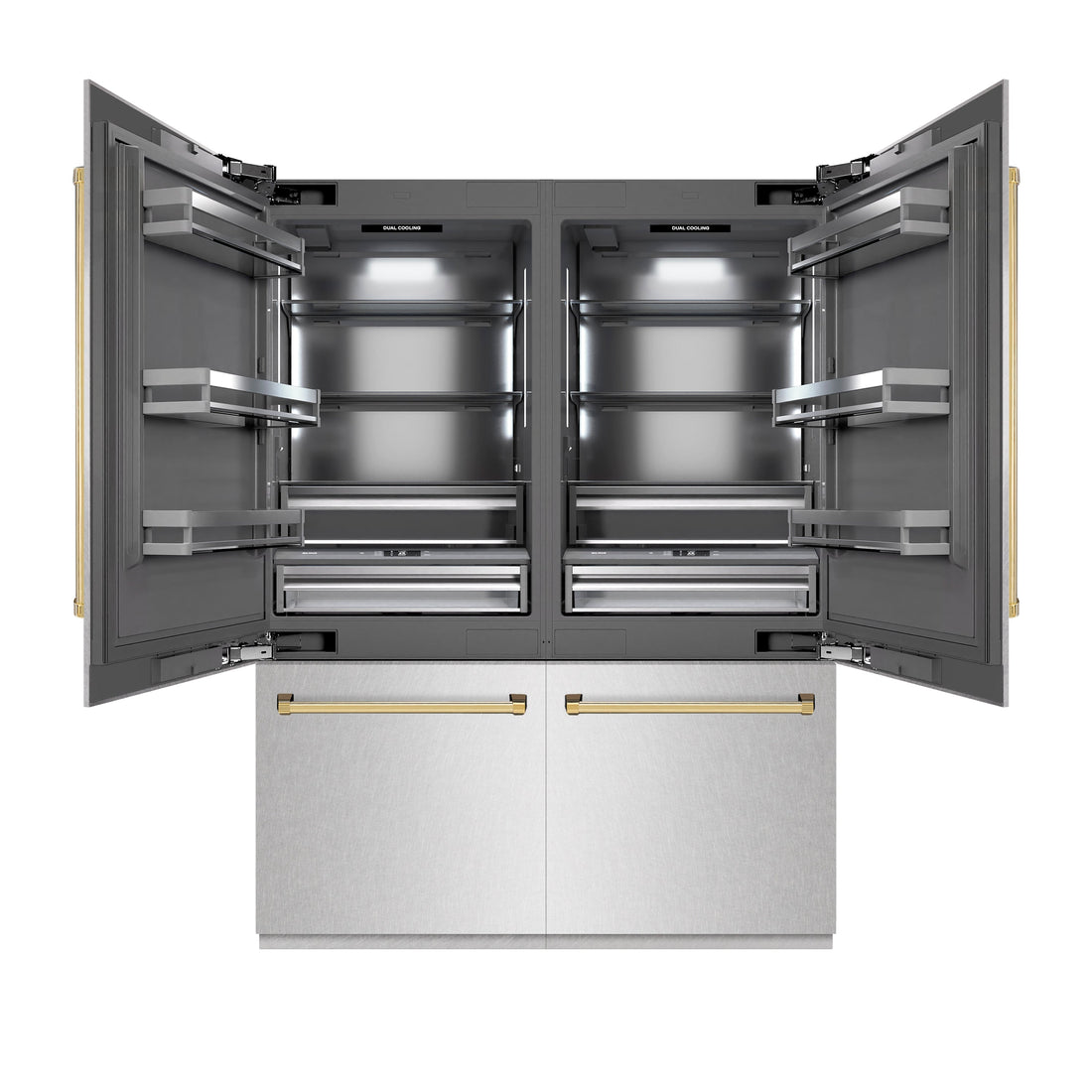 ZLINE 60 in. French Door Built-In Bottom Freezer Refrigerator 32.2 cu. ft. with Water Dispenser, Ice Maker, Satin Stainless Steel, Graphite Gray Interior, Polished Gold Accents (GRBIVZ-SN-60-G)