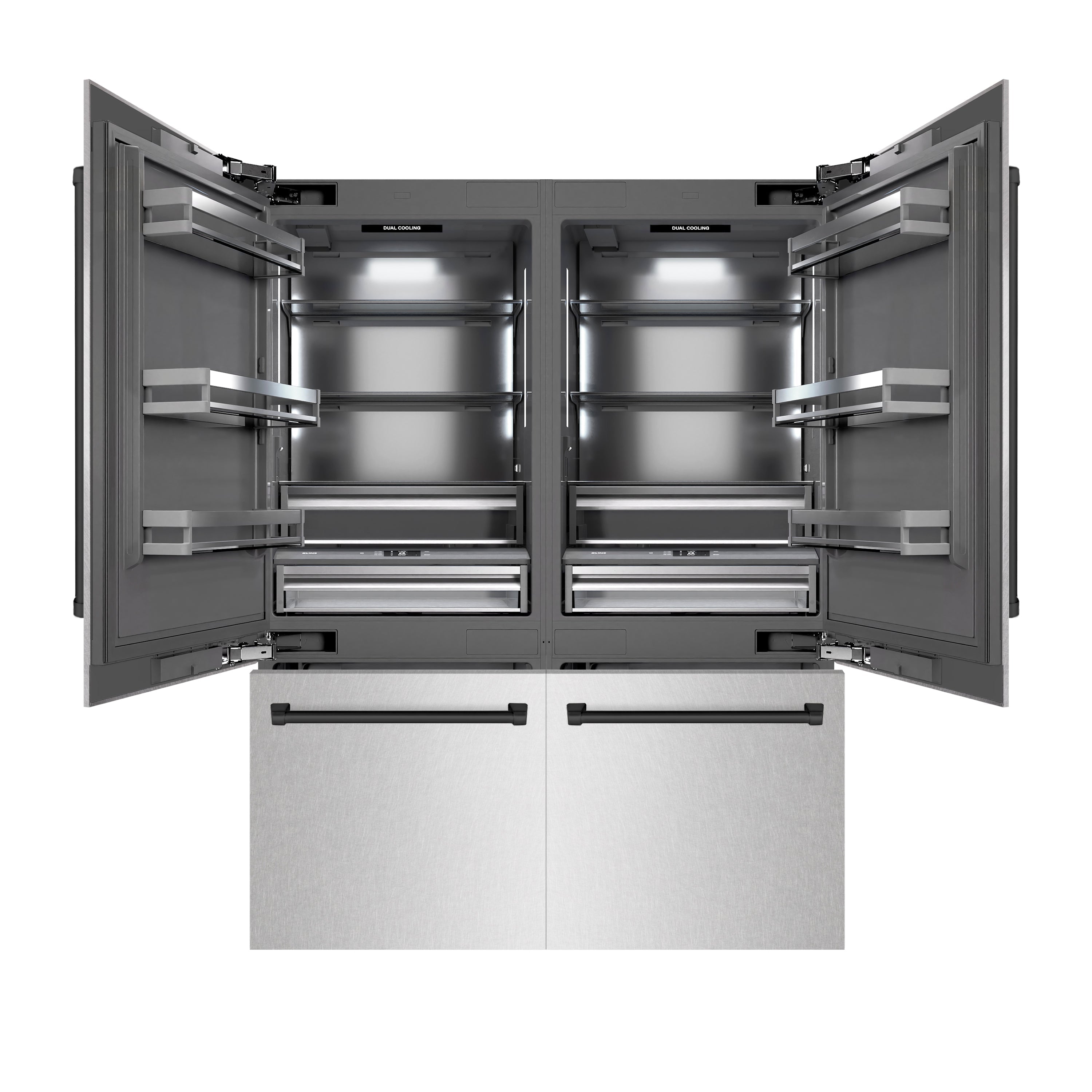 ZLINE 60 in. French Door Built-In Bottom Freezer Refrigerator 32.2 Cu. Ft. with Water Dispenser, Ice Maker, Satin Stainless Steel, Graphite Gray Interior, Matte Black Accents (GRBIVZ-SN-60-MB)