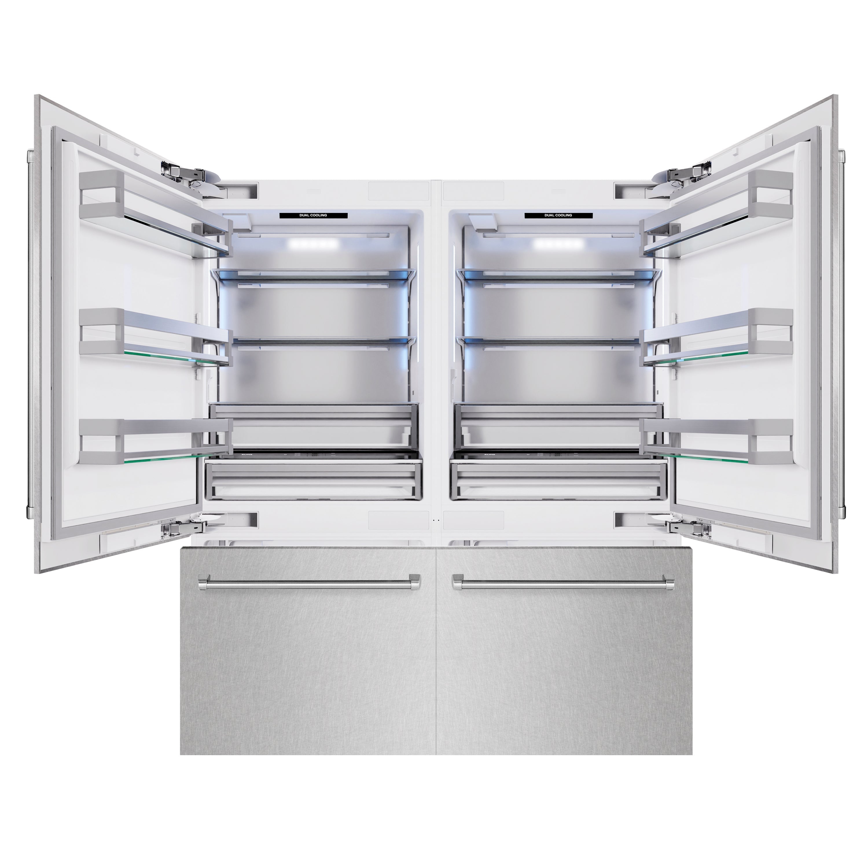 ZLINE 72 in. French Door Built-In Bottom Freezer Refrigerator 39.6 cu. ft. with Water Dispensers & Ice Makers Satin Stainless Steel (RBIT-SN-72)
