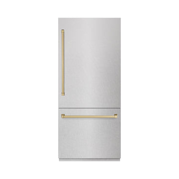 ZLINE 36 in. Built-In Bottom Freezer Refrigerator 19.8 cu. ft. Water Dispenser Ice Maker Satin Stainless Steel Champagne Bronze Accents (RBITZ-SN-36-CB)