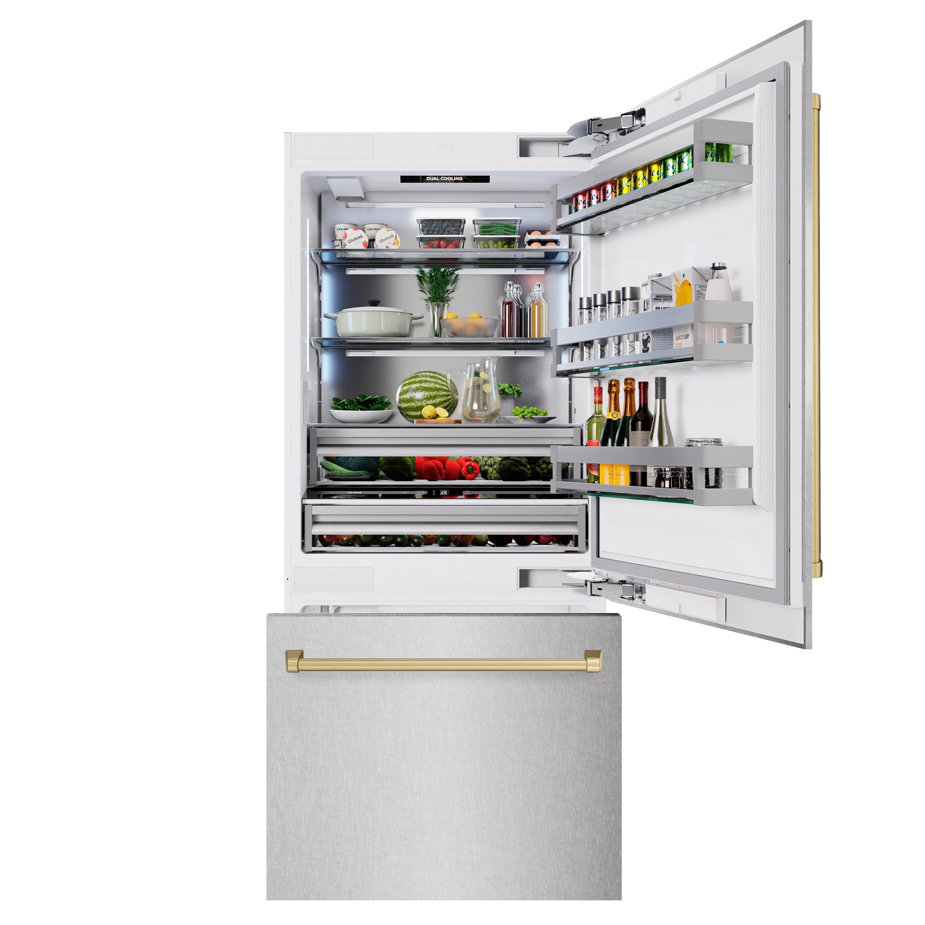 ZLINE 36 in. Built-In Bottom Freezer Refrigerator 19.8 cu. ft. Water Dispenser Ice Maker Satin Stainless Steel Champagne Bronze Accents (RBITZ-SN-36-CB)