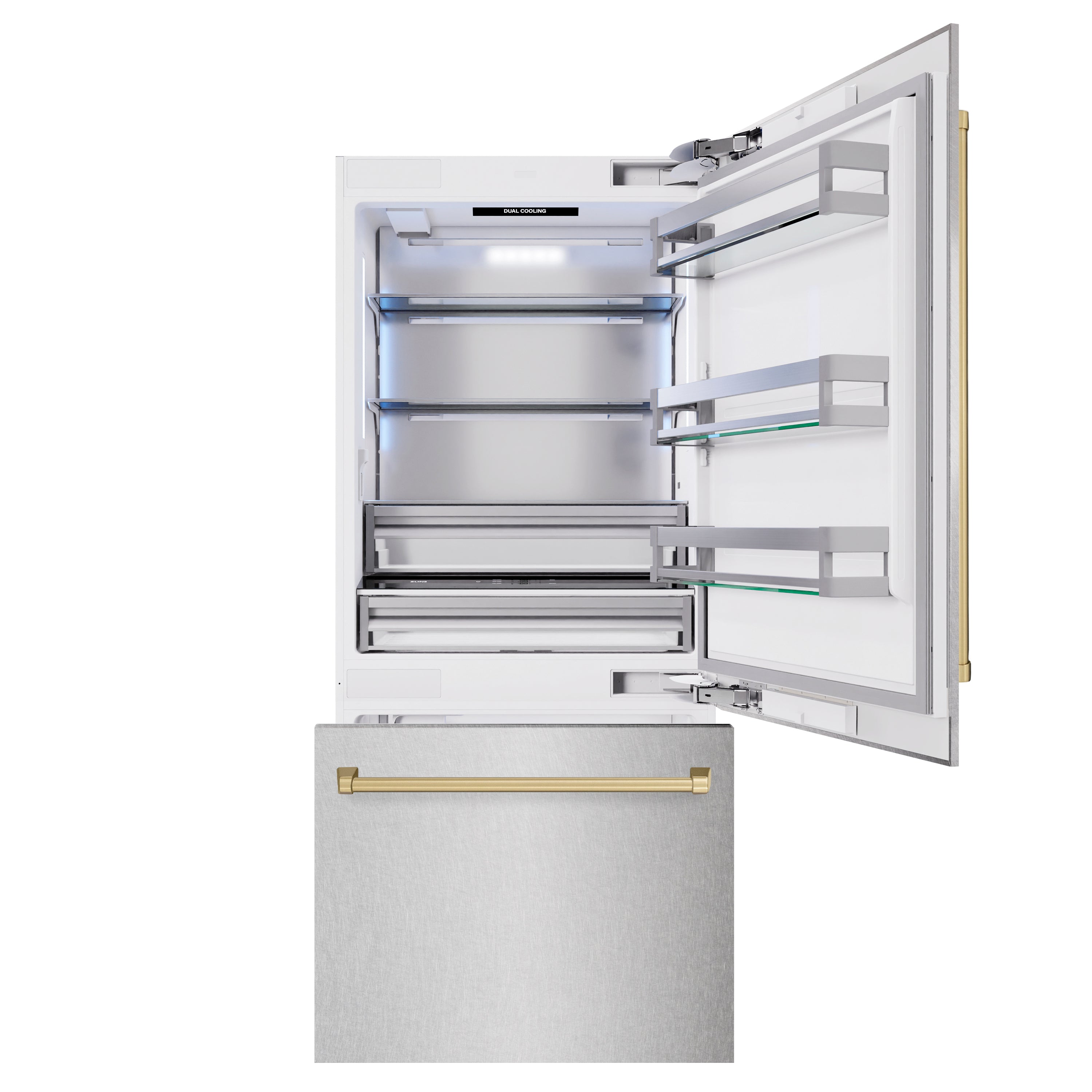 ZLINE 36 in. Built-In Bottom Freezer Refrigerator 19.8 cu. ft. Water Dispenser Ice Maker Satin Stainless Steel Champagne Bronze Accents (RBITZ-SN-36-CB)
