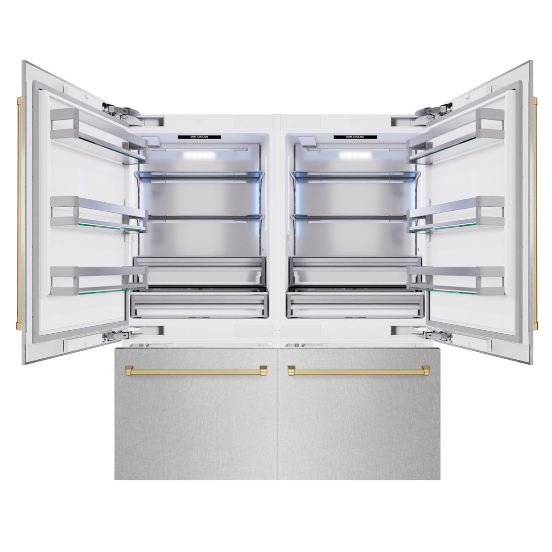 ZLINE 72 in. French Door Built-In Bottom Freezer Refrigerator 39.6 Cu. Ft. Water Dispensers Ice Makers Satin Stainless Steel Champagne Bronze Accents (RBITZ-SN-72-CB)