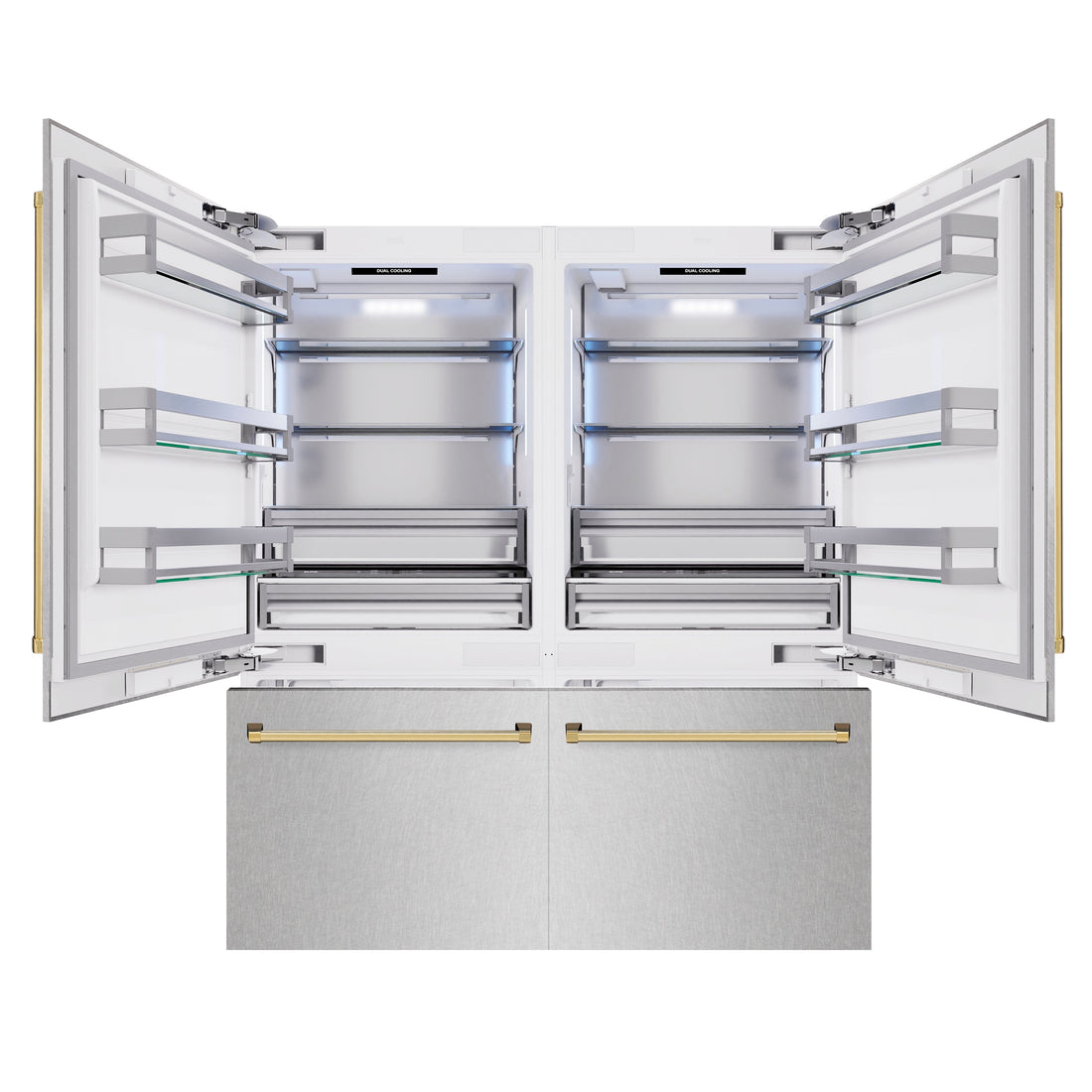ZLINE 72 in. Built-In French Door Bottom Freezer Refrigerator 39.6 cu. ft. Water Dispensers Ice Makers Satin Stainless Steel Polished Gold Accents (RBITZ-SN-72-G)