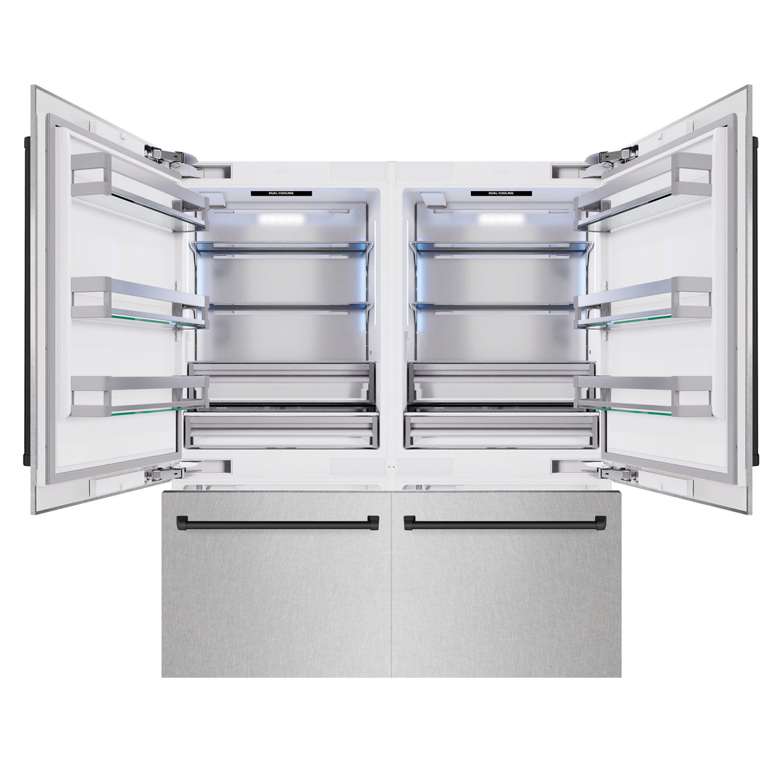 ZLINE 72 in. French Door Built-In Bottom Freezer Refrigerator 39.6 cu. ft. Dual Water Dispensers Ice Makers Satin Stainless Steel Matte Black Accents (RBITZ-SN-72-MB)