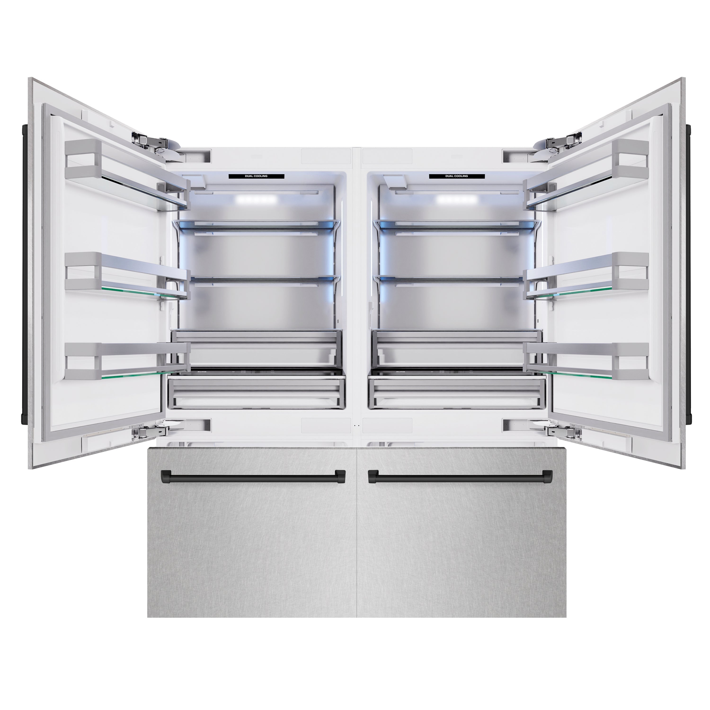 ZLINE 72 in. French Door Built-In Bottom Freezer Refrigerator 39.6 cu. ft. Dual Water Dispensers Ice Makers Satin Stainless Steel Matte Black Accents (RBITZ-SN-72-MB)