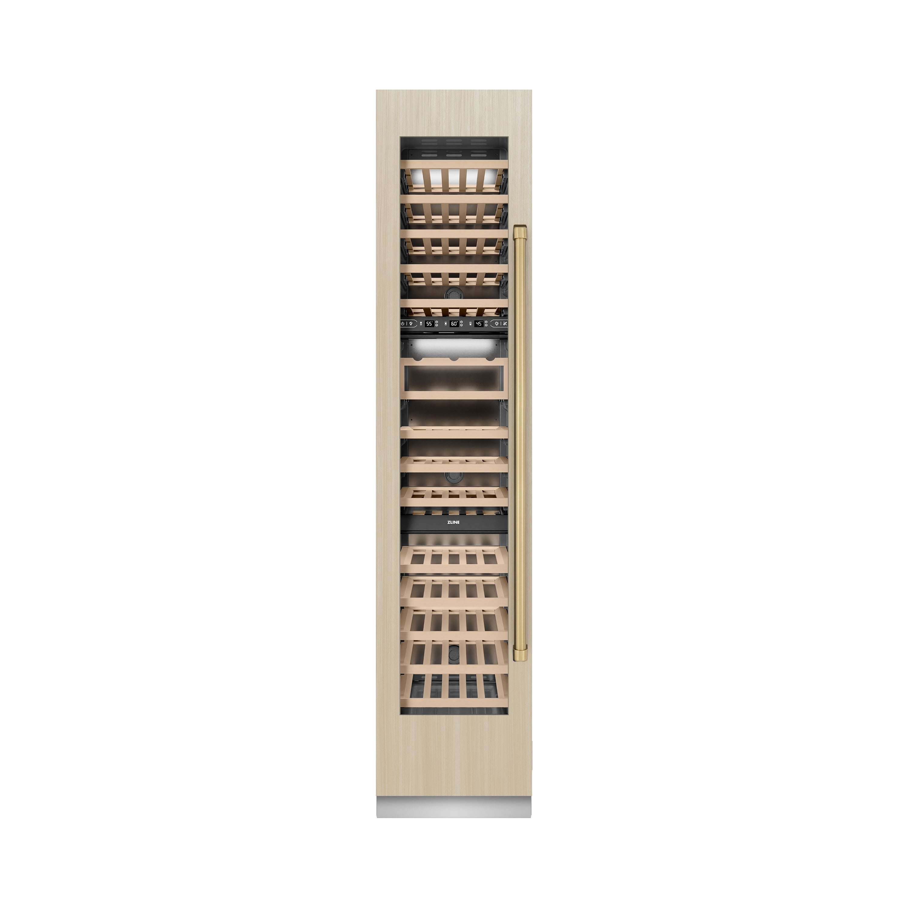 ZLINE Autograph 18" 9.0 cu. ft. Triple Zone 68 Bottle Panel Ready Left Hinge Column Wine Cooler with Champagne Bronze Accents, RBCWVLZ-18-CB