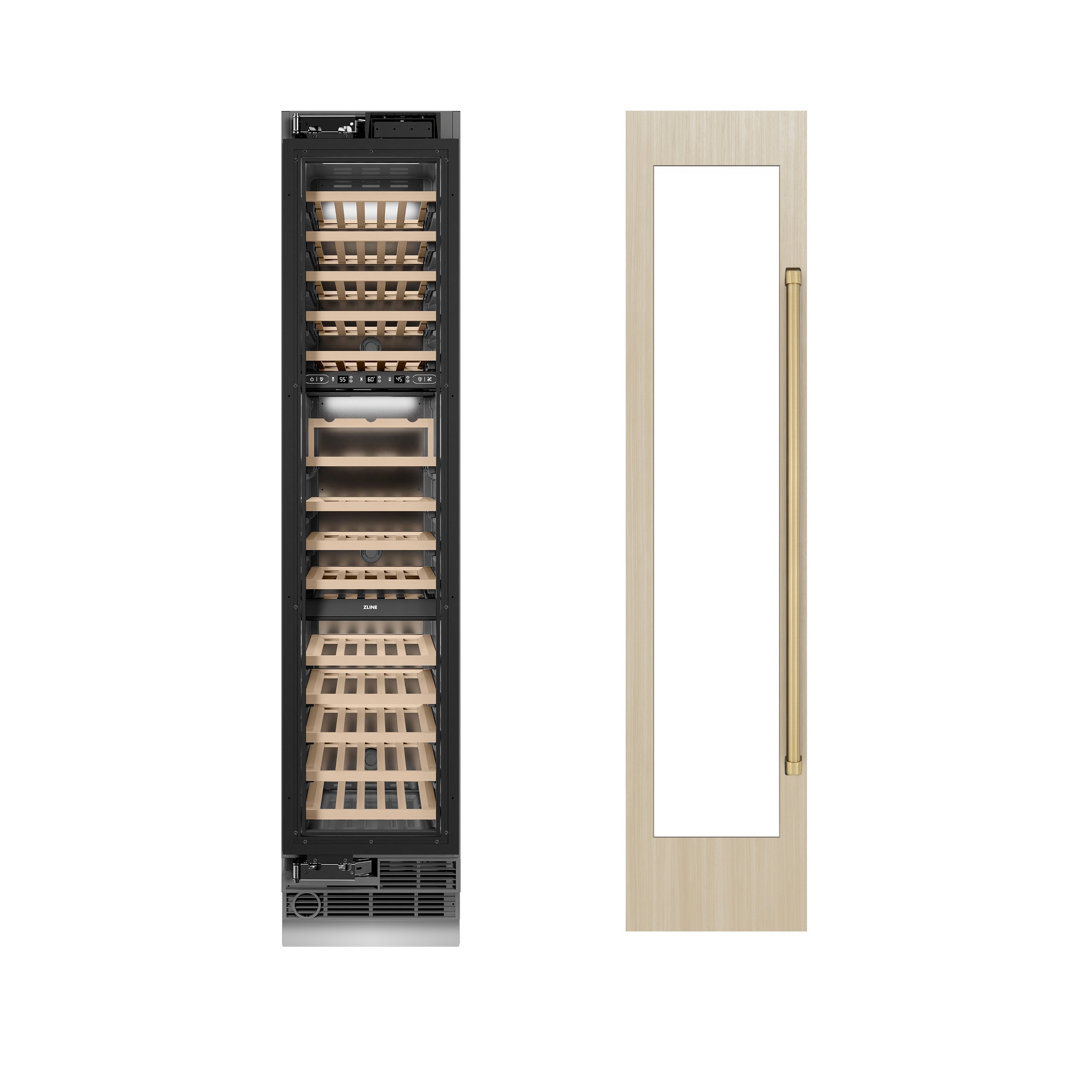 ZLINE Autograph 18" 9.0 cu. ft. Triple Zone 68 Bottle Panel Ready Left Hinge Column Wine Cooler with Champagne Bronze Accents, RBCWVLZ-18-CB