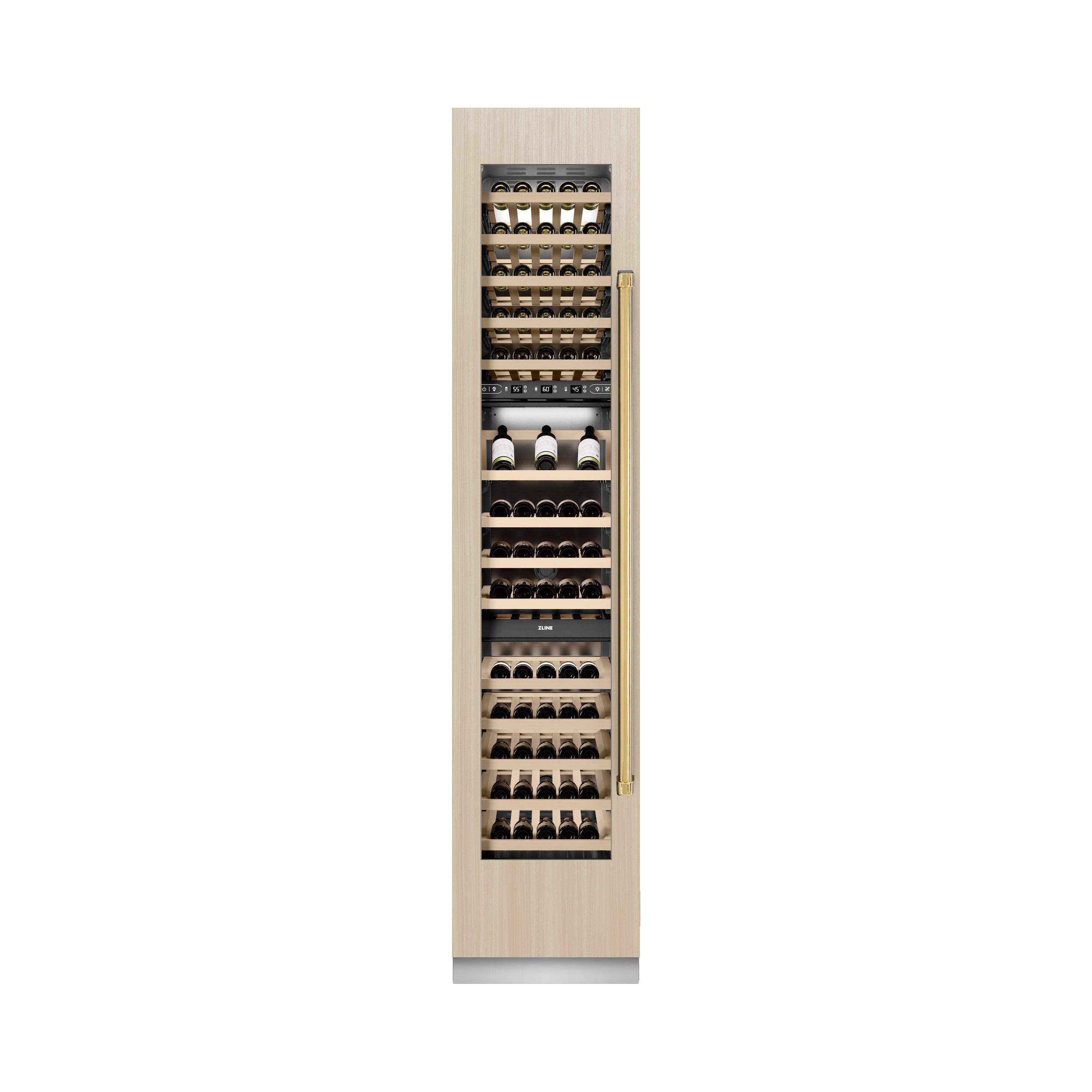 ZLINE Autograph 18" 9.0 cu. ft. Triple Zone 68 Bottle Panel Ready Left Hinge Column Wine Cooler with Polished Gold Accents, RBCWVLZ-18-G
