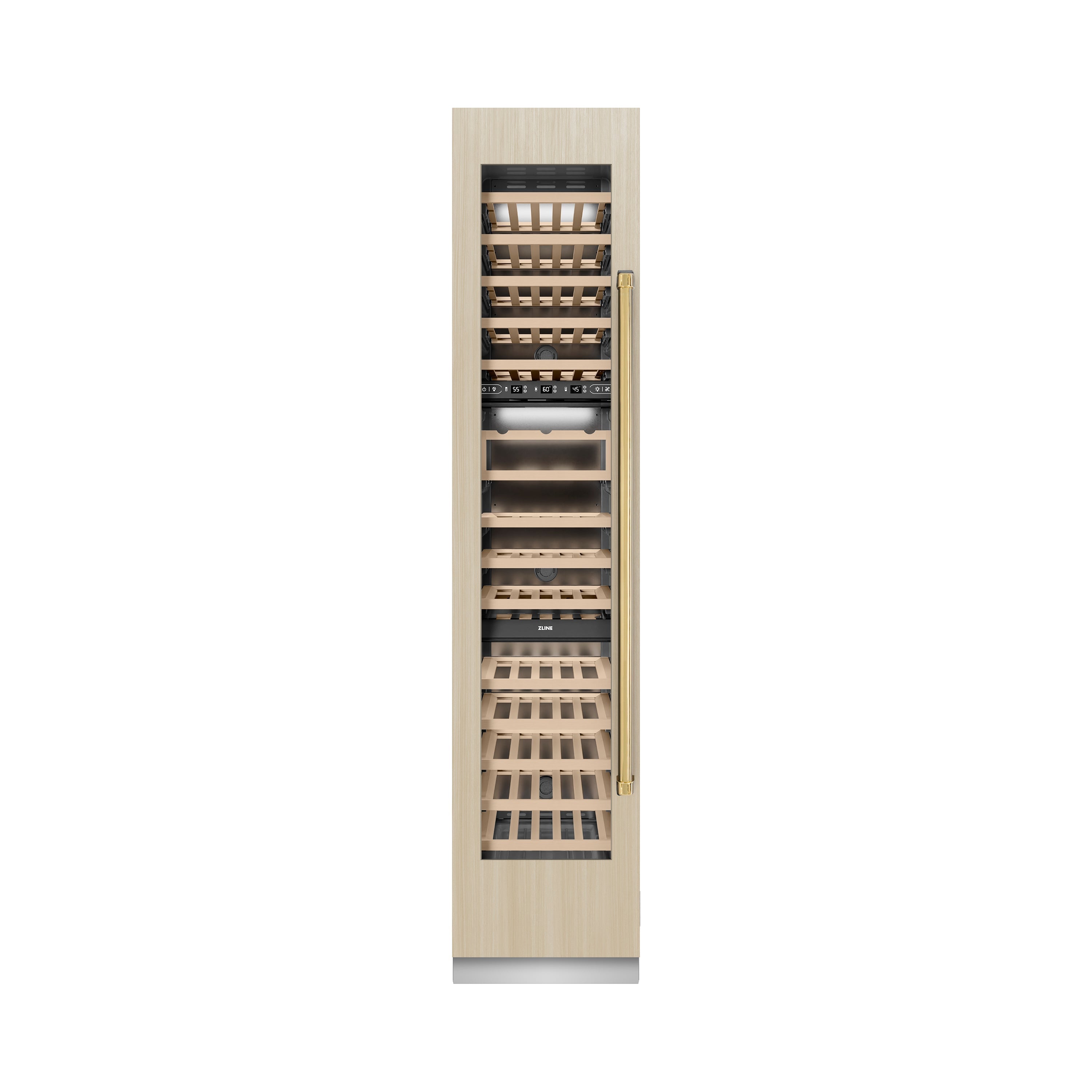 ZLINE Autograph 18" 9.0 cu. ft. Triple Zone 68 Bottle Panel Ready Left Hinge Column Wine Cooler with Polished Gold Accents, RBCWVLZ-18-G