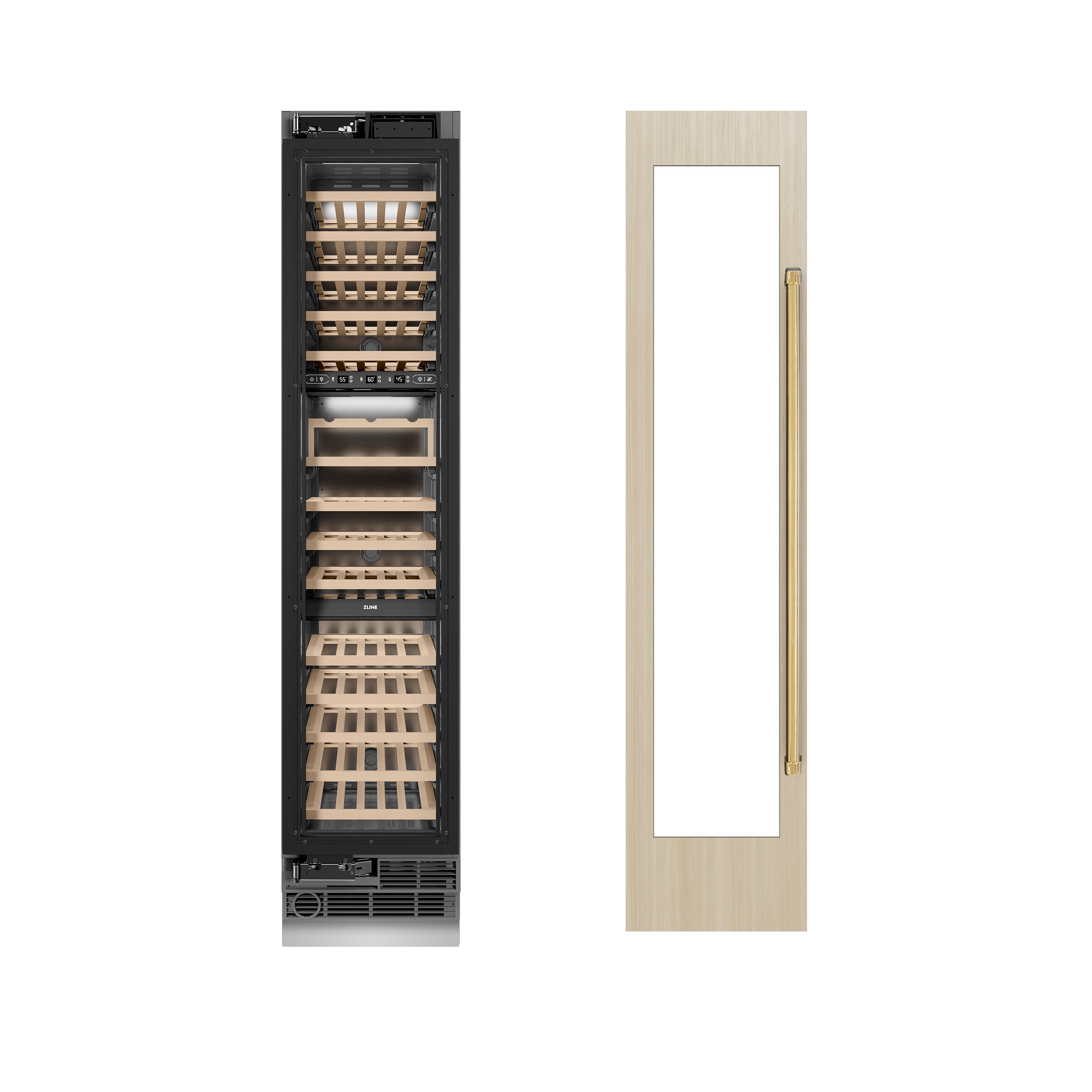 ZLINE Autograph 18" 9.0 cu. ft. Triple Zone 68 Bottle Panel Ready Left Hinge Column Wine Cooler with Polished Gold Accents, RBCWVLZ-18-G