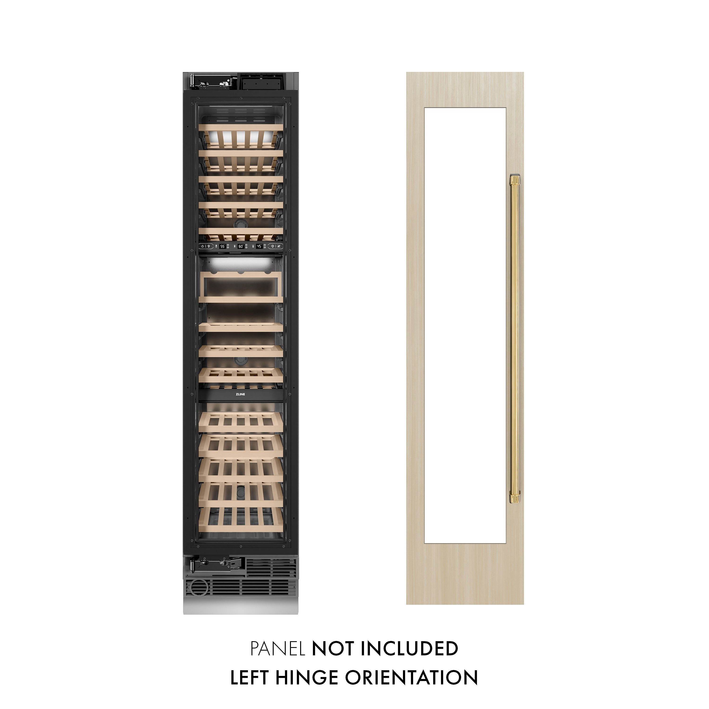 ZLINE Autograph 18" 9.0 cu. ft. Triple Zone 68 Bottle Panel Ready Left Hinge Column Wine Cooler with Polished Gold Accents, RBCWVLZ-18-G