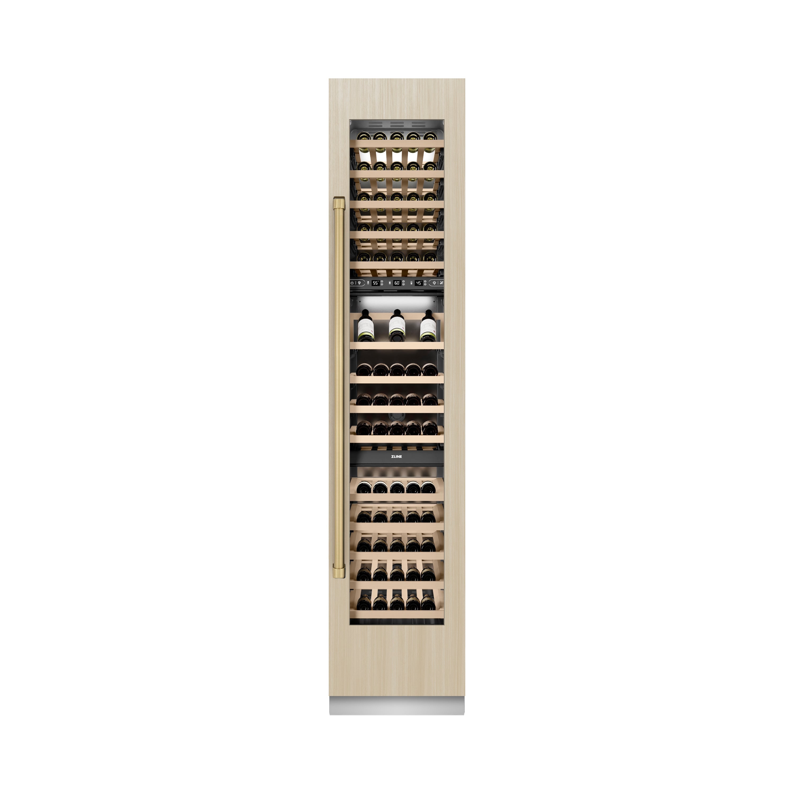 ZLINE Autograph 18" 9.0 cu. ft. Triple Zone 68 Bottle Panel Ready Right Hinge Column Wine Cooler with Champagne Bronze Accents, RBCWVRZ-18-CB