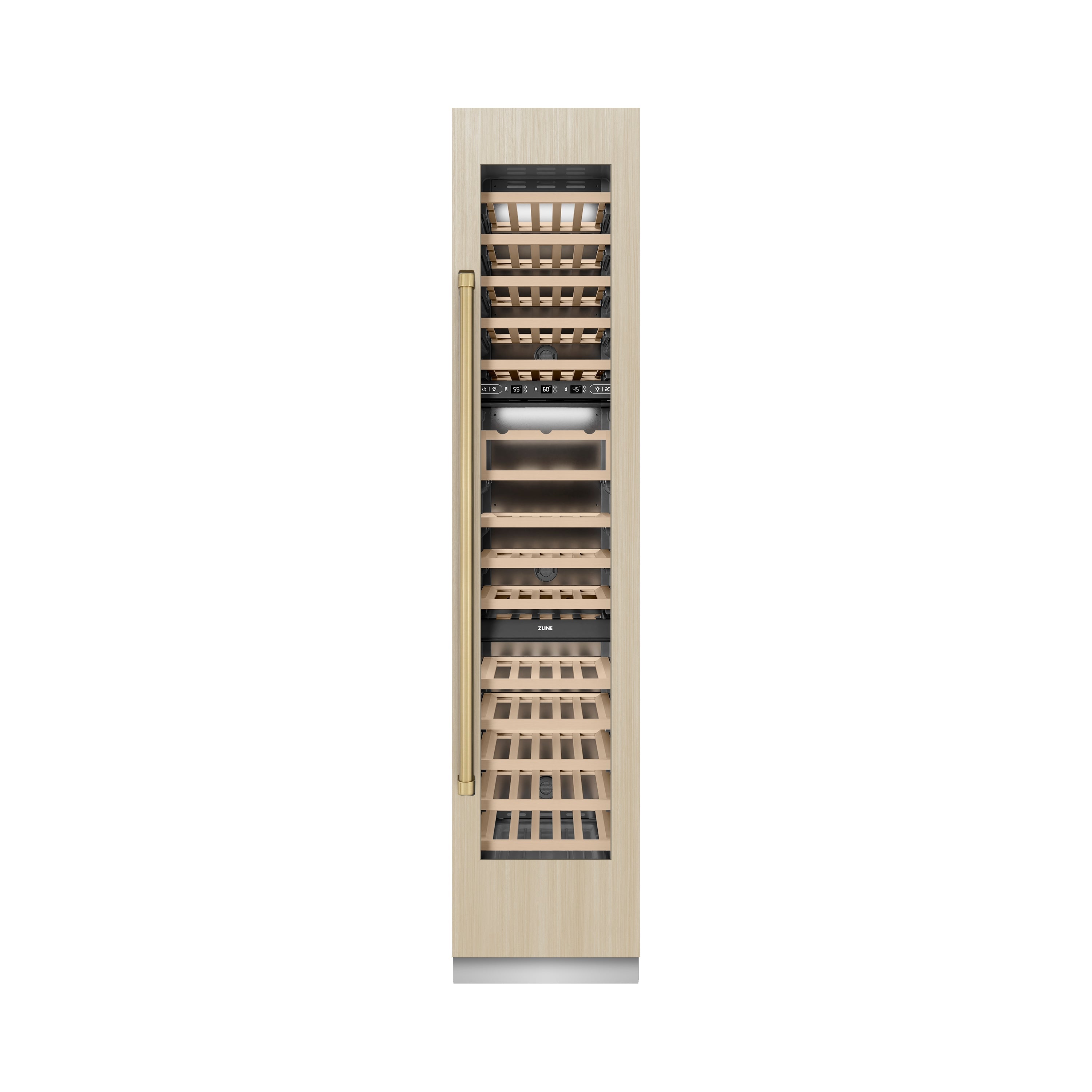 ZLINE Autograph 18" 9.0 cu. ft. Triple Zone 68 Bottle Panel Ready Right Hinge Column Wine Cooler with Champagne Bronze Accents, RBCWVRZ-18-CB