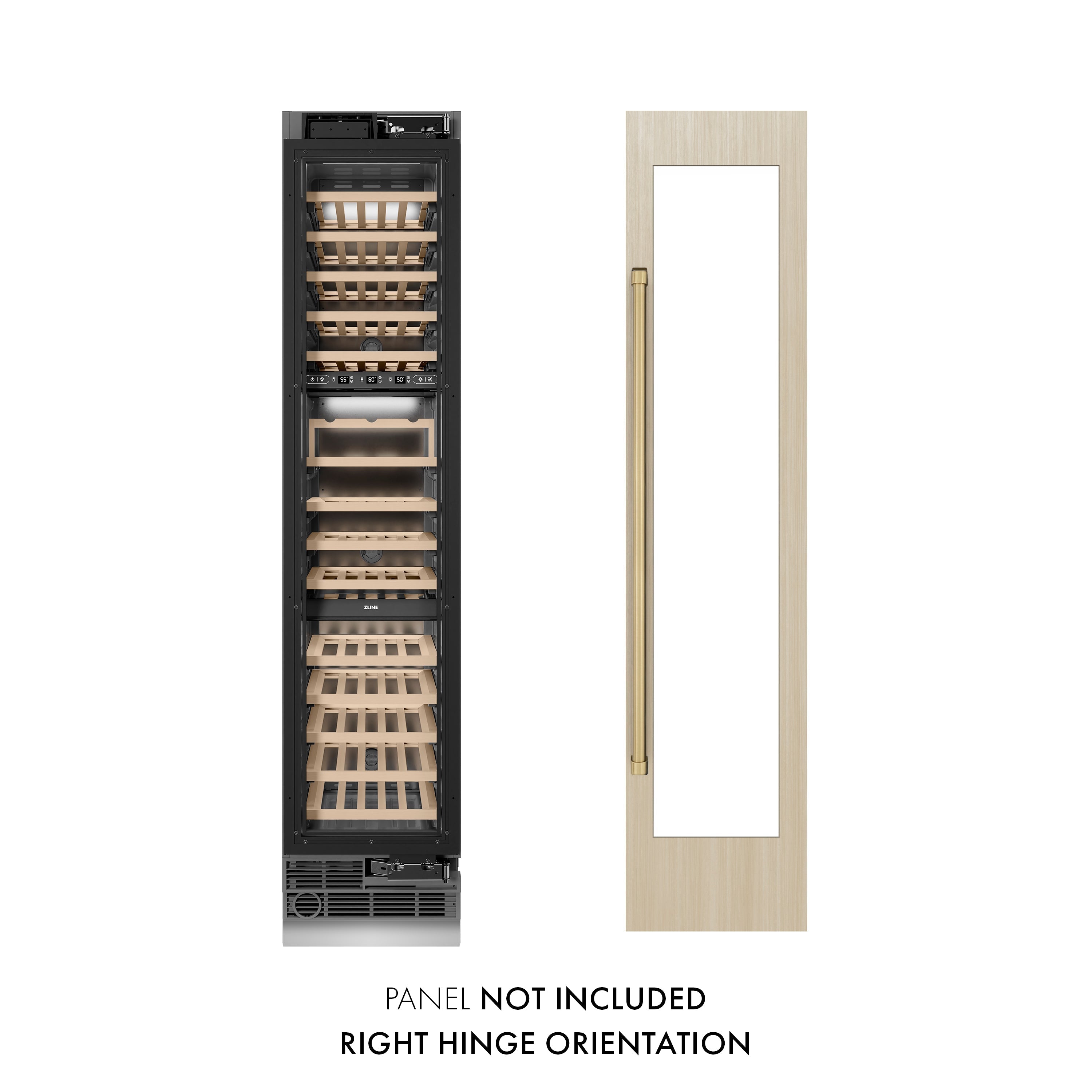 ZLINE Autograph 18" 9.0 cu. ft. Triple Zone 68 Bottle Panel Ready Right Hinge Column Wine Cooler with Champagne Bronze Accents, RBCWVRZ-18-CB