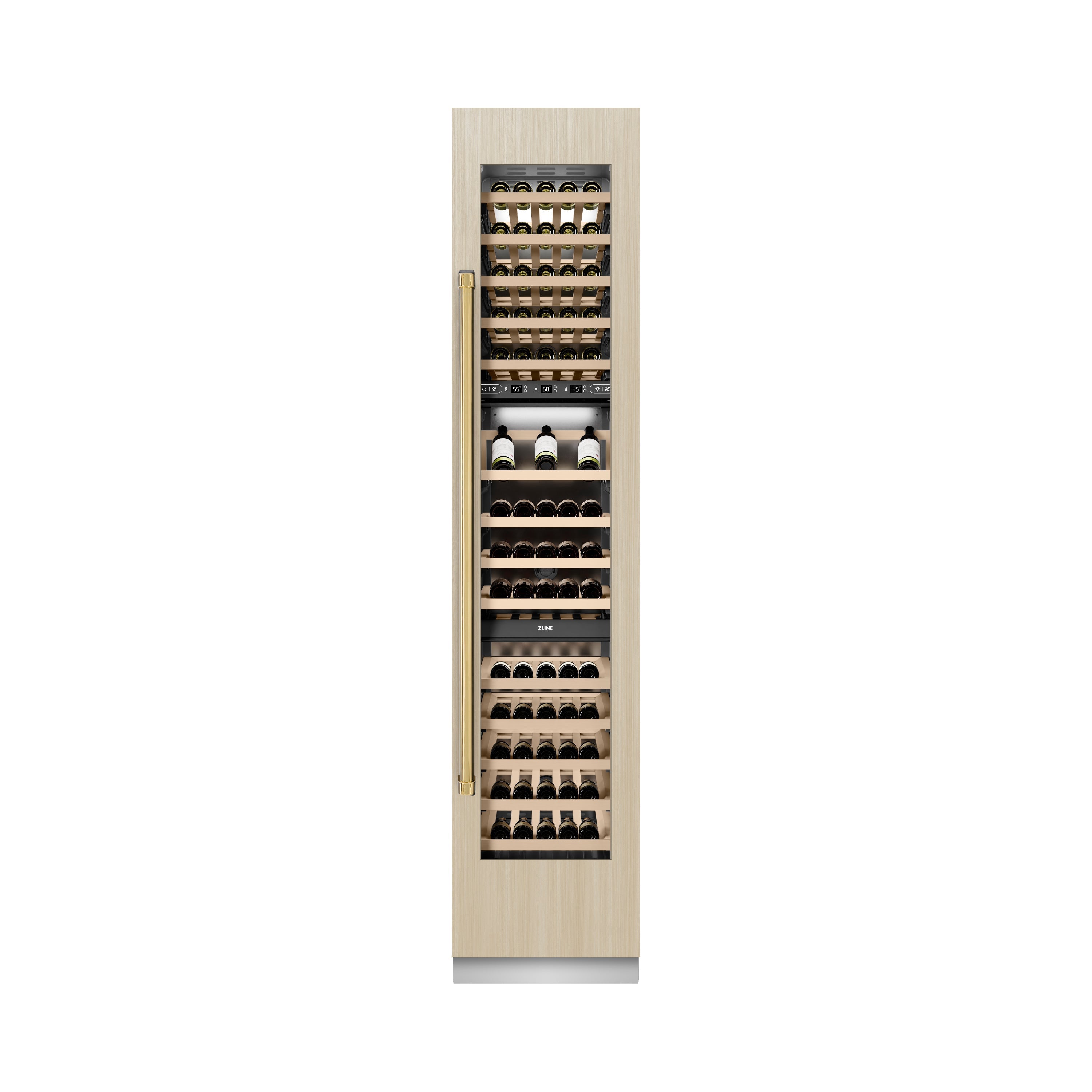 ZLINE Autograph 18" 9.0 cu. ft. Triple Zone 68 Bottle Panel Ready Right Hinge Column Wine Cooler with Polished Gold Accents, RBCWVRZ-18-G