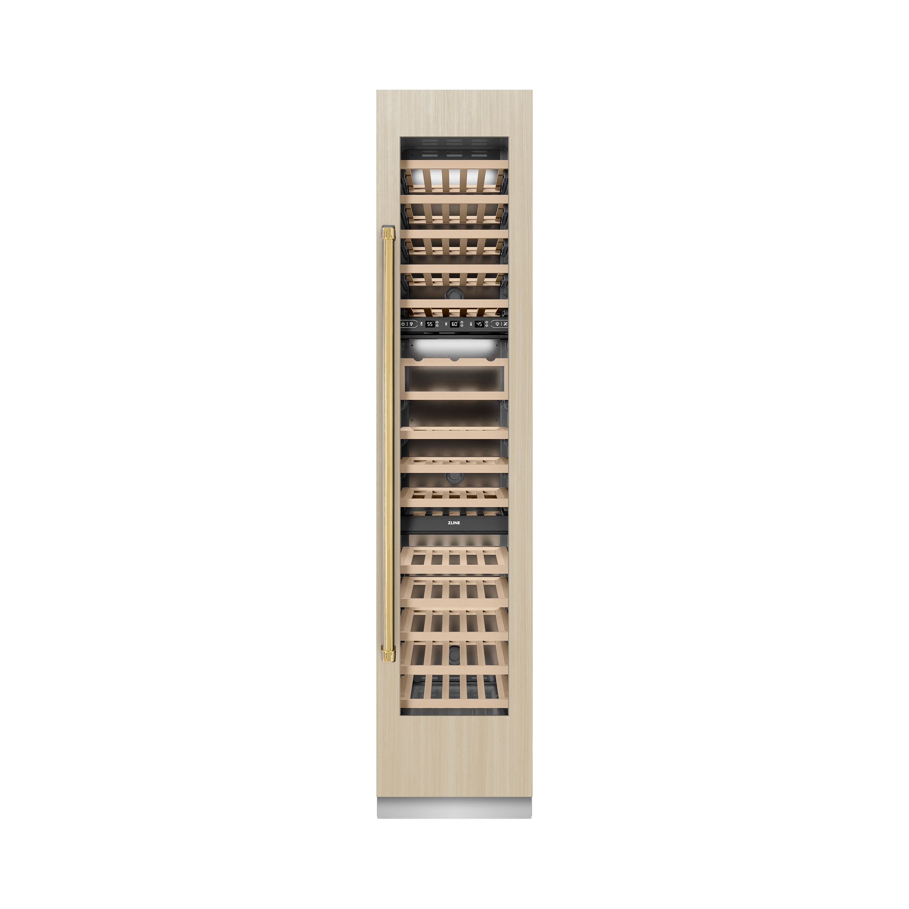 ZLINE Autograph 18" 9.0 cu. ft. Triple Zone 68 Bottle Panel Ready Right Hinge Column Wine Cooler with Polished Gold Accents, RBCWVRZ-18-G